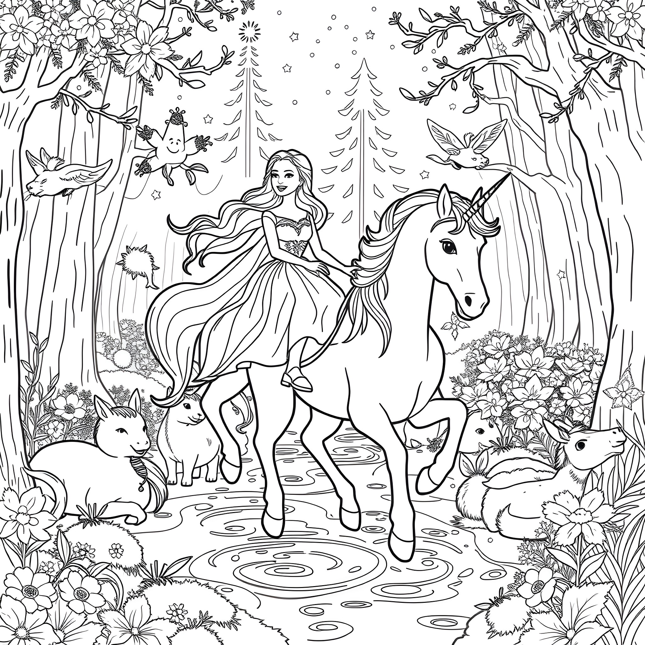 Unicorn Maiden Riding Through Enchanted Forest Coloring Page (free black-and-white line drawing printable PDF for all, from beginners to advanced learners, including children, teens, adults, and seniors)