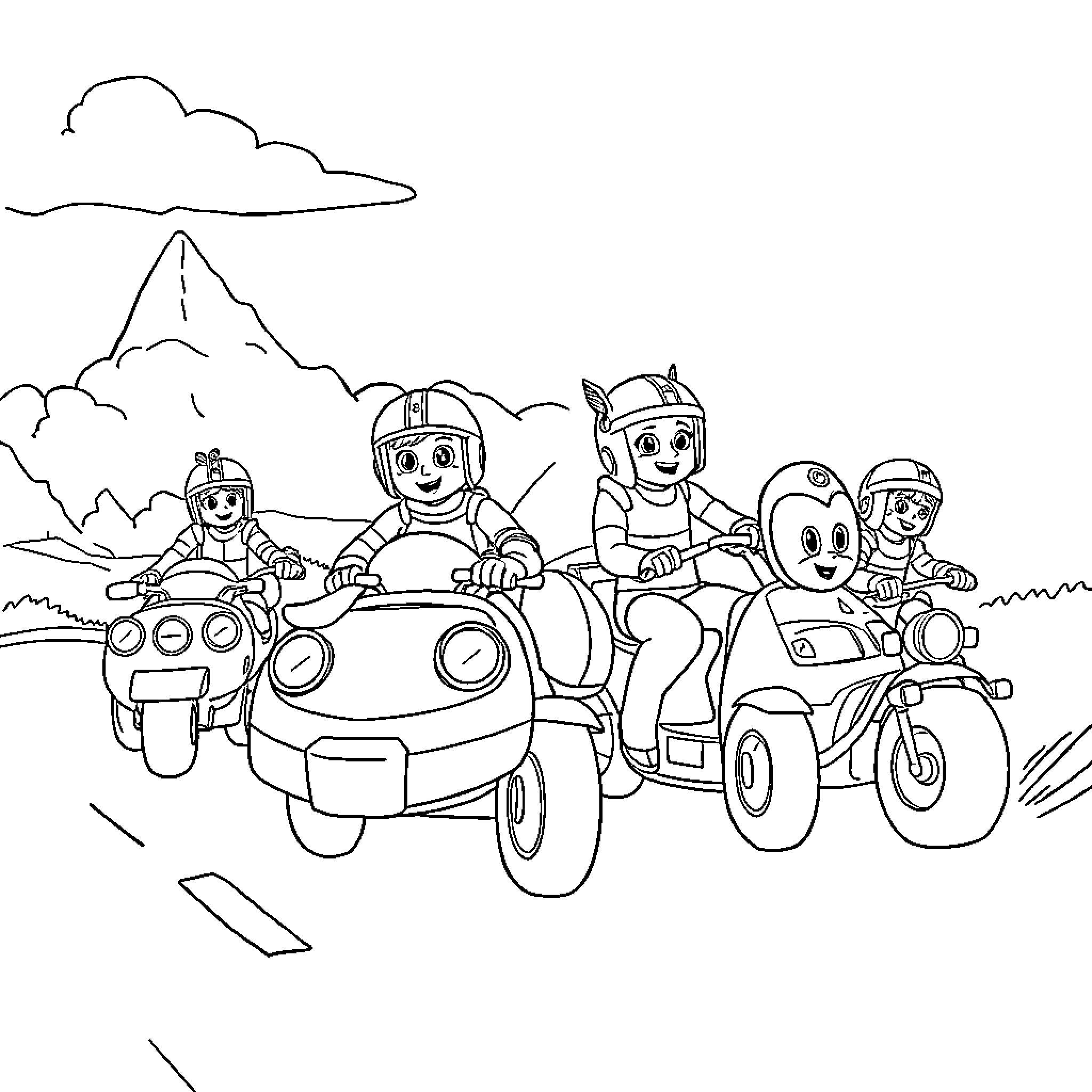 Paw Patrol team on an adventure in vehicles Coloring Page (free black-and-white line drawing printable PDF for all, from beginners to advanced learners, including children, teens, adults, and seniors)