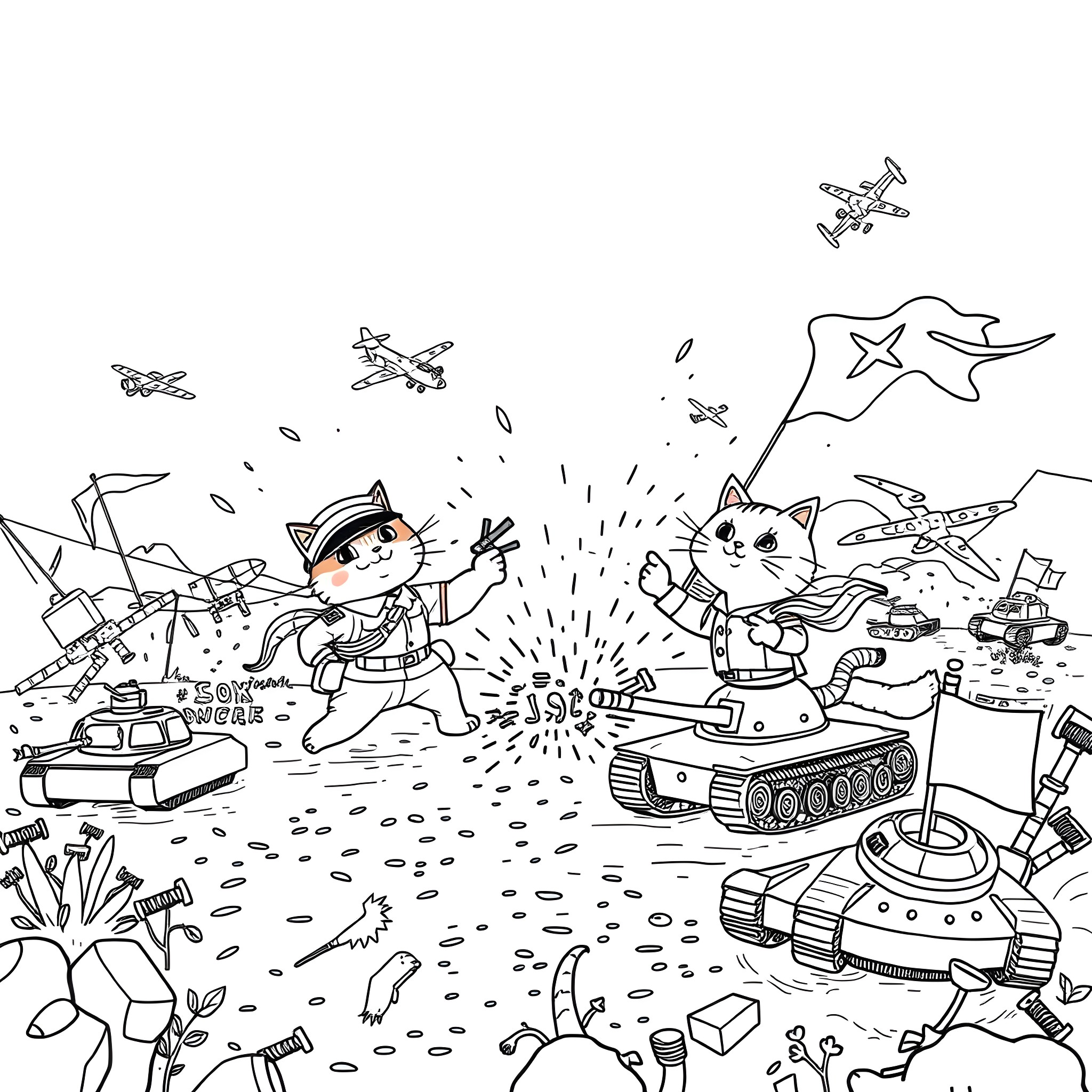 Cats battling with military vehicles and equipment Coloring Page (free black-and-white line drawing printable PDF for all, from beginners to advanced learners, including children, teens, adults, and seniors)