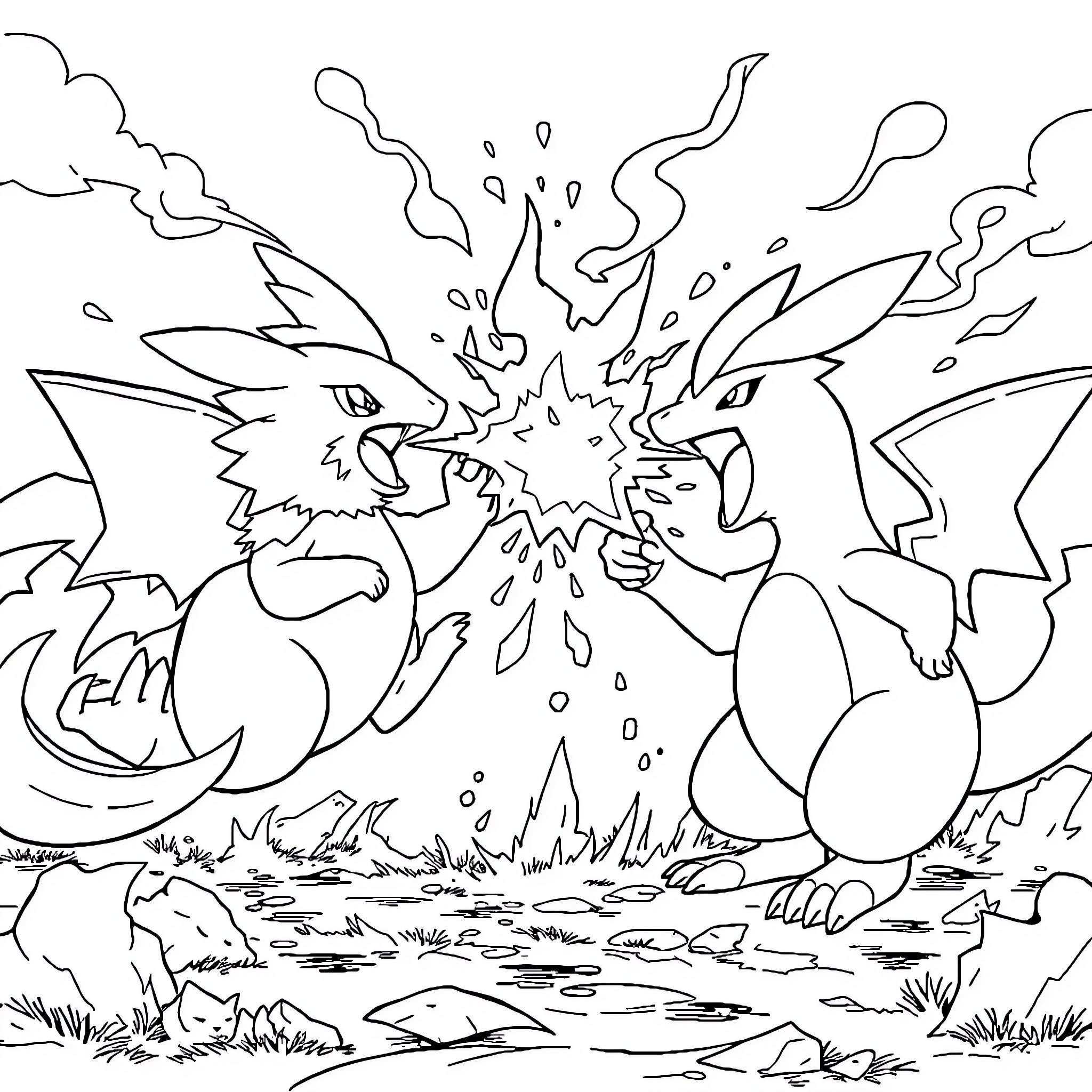Pokémon Creatures Battling Intensely in the Wild Coloring Page (free black-and-white line drawing printable PDF for all, from beginners to advanced learners, including children, teens, adults, and seniors)