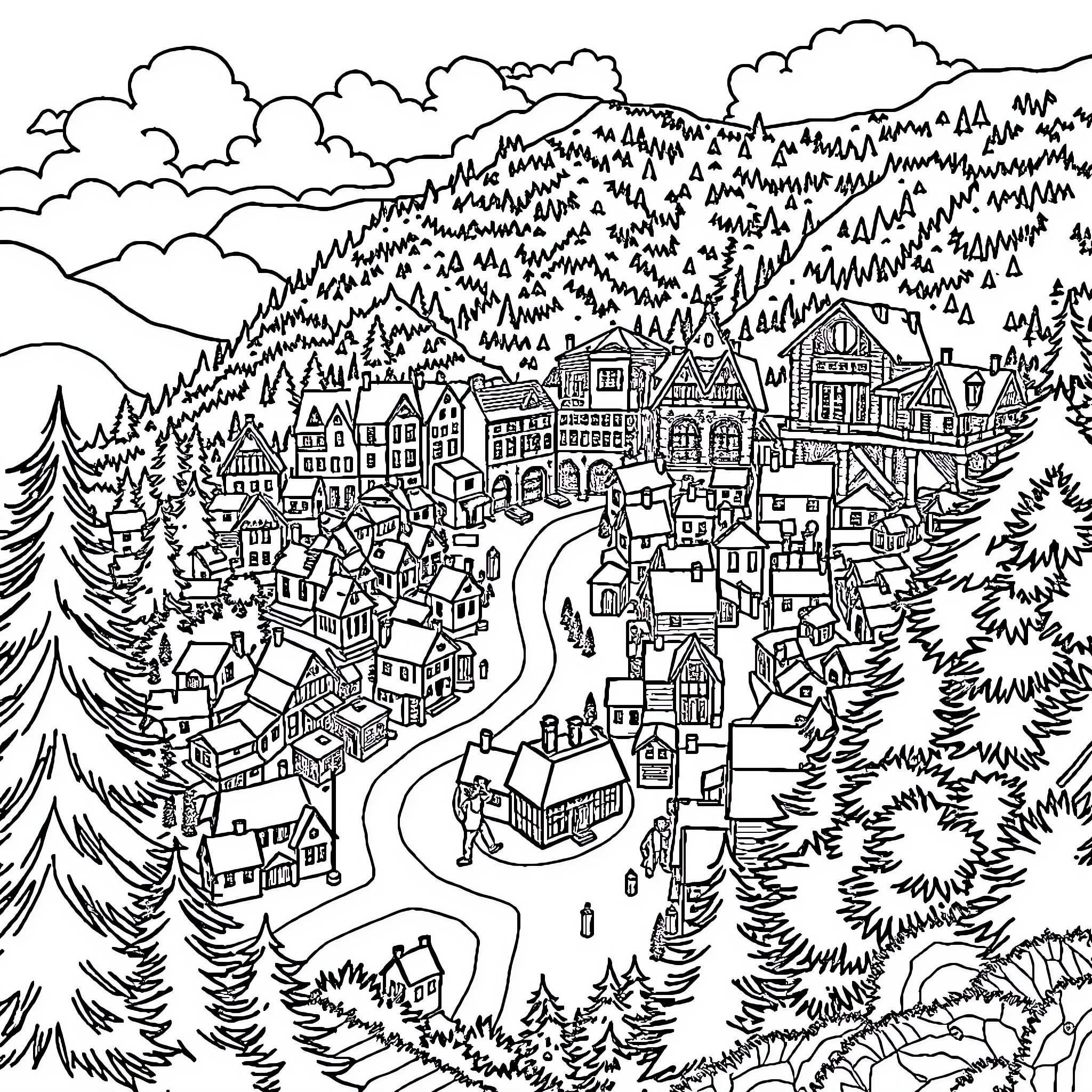 Map of a Bustling Mountain Town Coloring Page (free black-and-white line drawing printable PDF for all, from beginners to advanced learners, including children, teens, adults, and seniors)