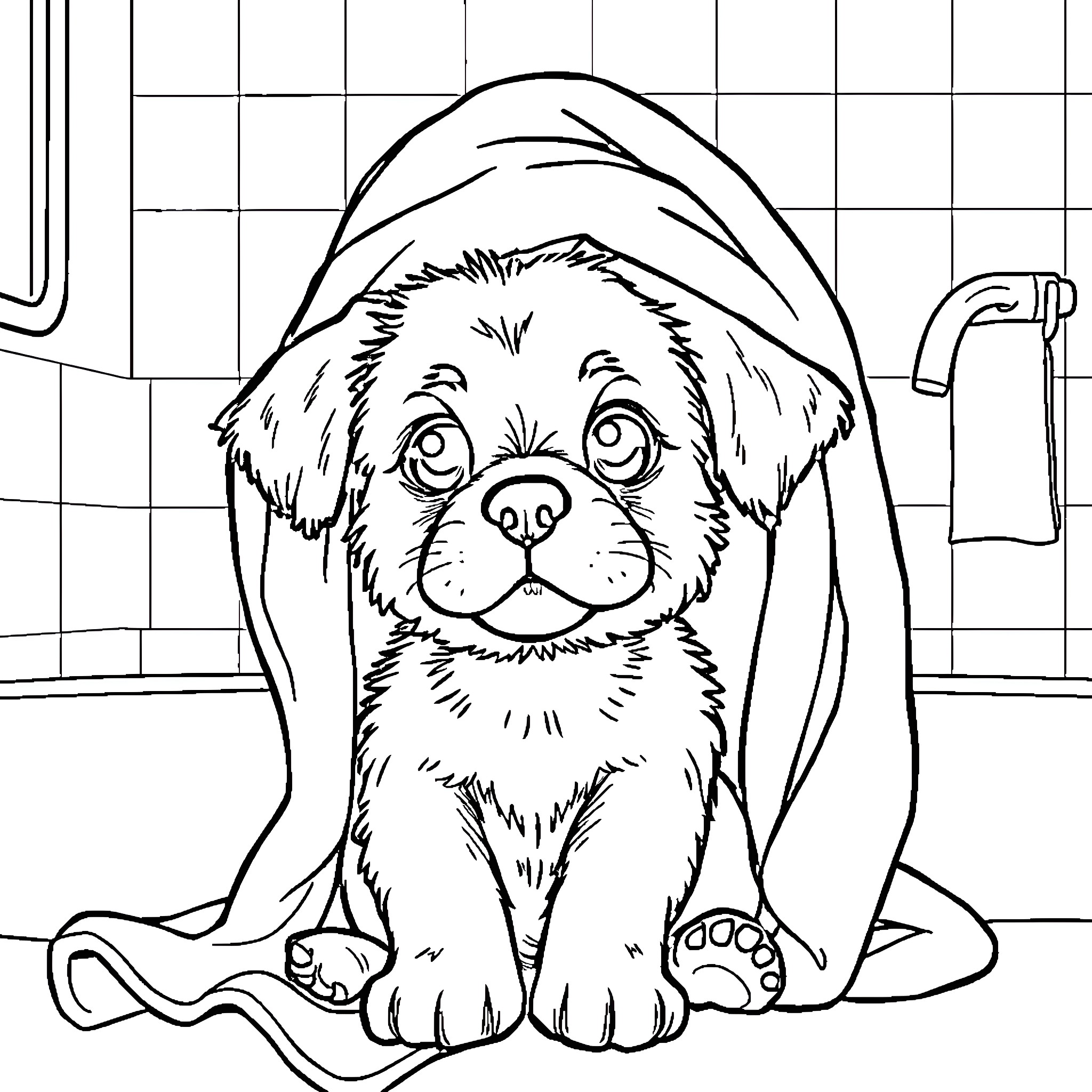 Dog Cuddled in Bathrobe After Bath Coloring Page (free black-and-white line drawing printable PDF for all, from beginners to advanced learners, including children, teens, adults, and seniors)