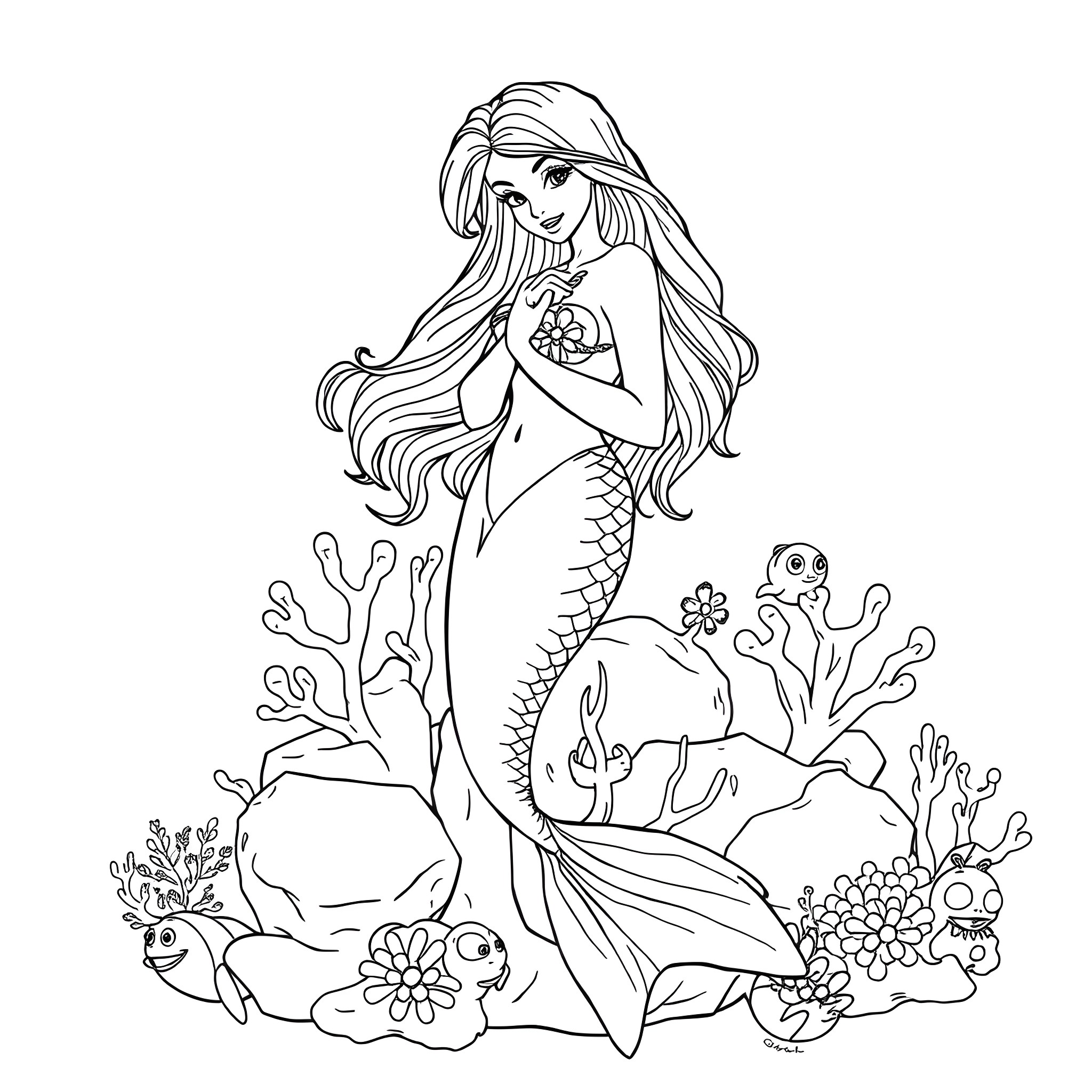 Mermaid enjoying a floral underwater scene Coloring Page (free black-and-white line drawing printable PDF for all, from beginners to advanced learners, including children, teens, adults, and seniors)