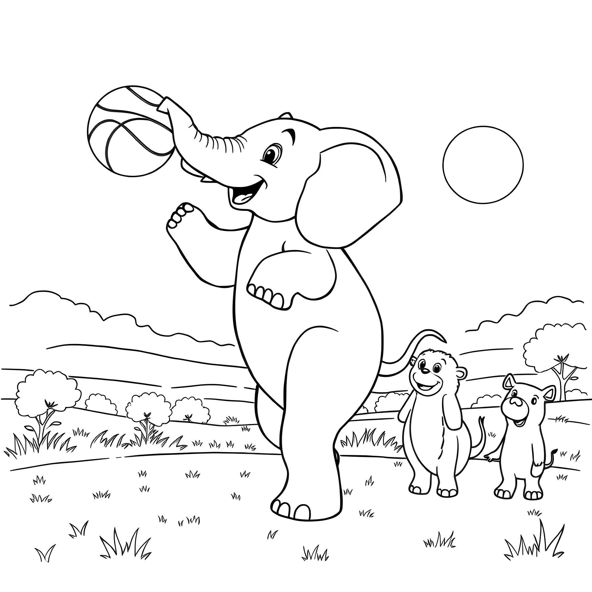 Elephant playing with ball in natural setting Coloring Page (free black-and-white line drawing printable PDF for all, from beginners to advanced learners, including children, teens, adults, and seniors)