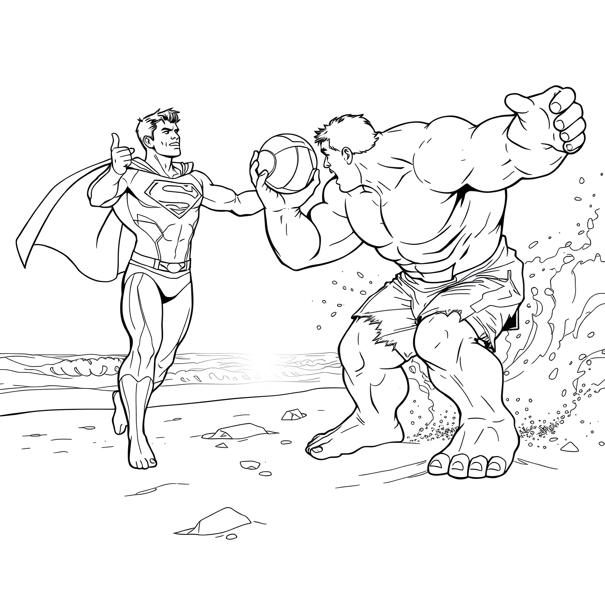 Superman heroically confronting a formidable foe Coloring Page (free black-and-white line drawing printable PDF for all, from beginners to advanced learners, including children, teens, adults, and seniors)