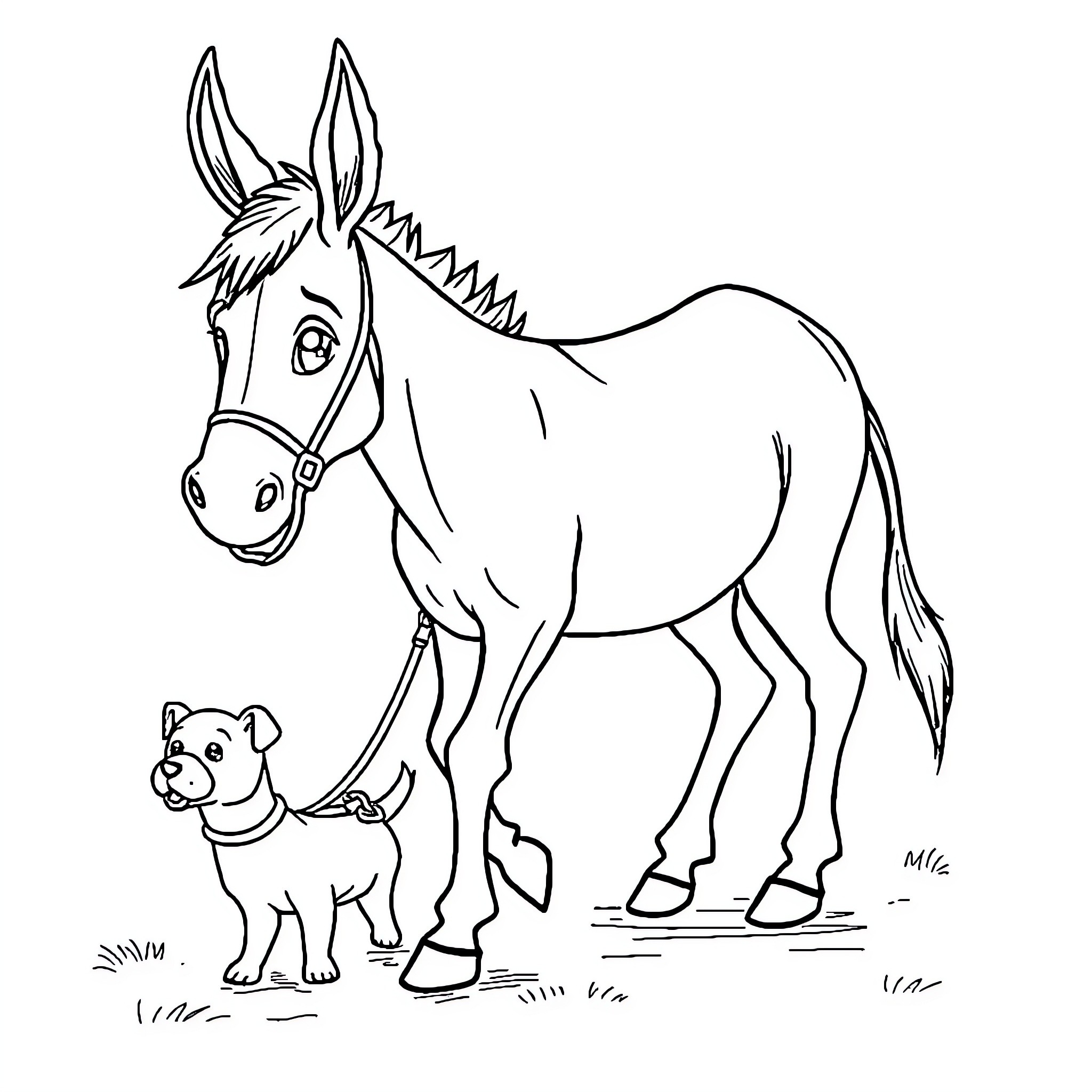 Donkey walking with a puppy companion Coloring Page (free black-and-white line drawing printable PDF for all, from beginners to advanced learners, including children, teens, adults, and seniors)