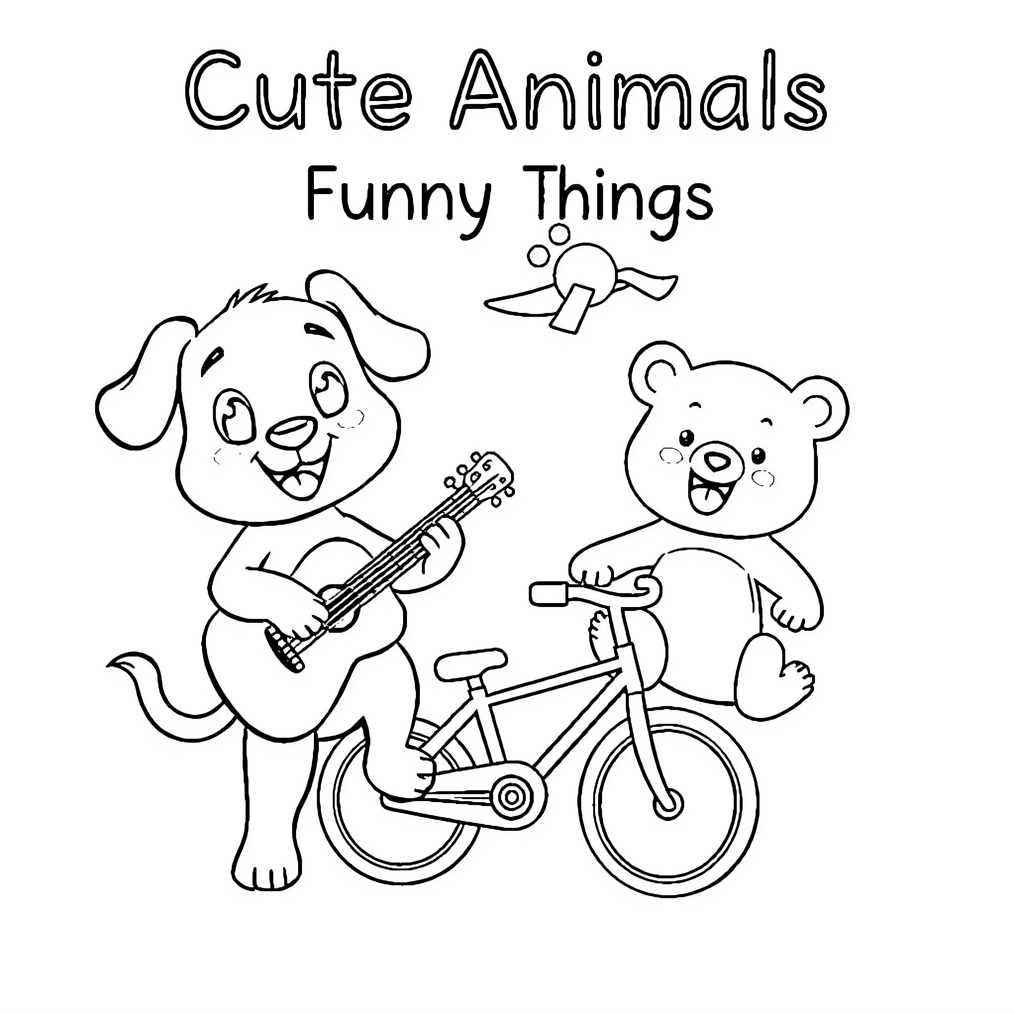 Animal Cute Characters Doing Funny Things Coloring Page (free black-and-white line drawing printable PDF for all, from beginners to advanced learners, including children, teens, adults, and seniors)
