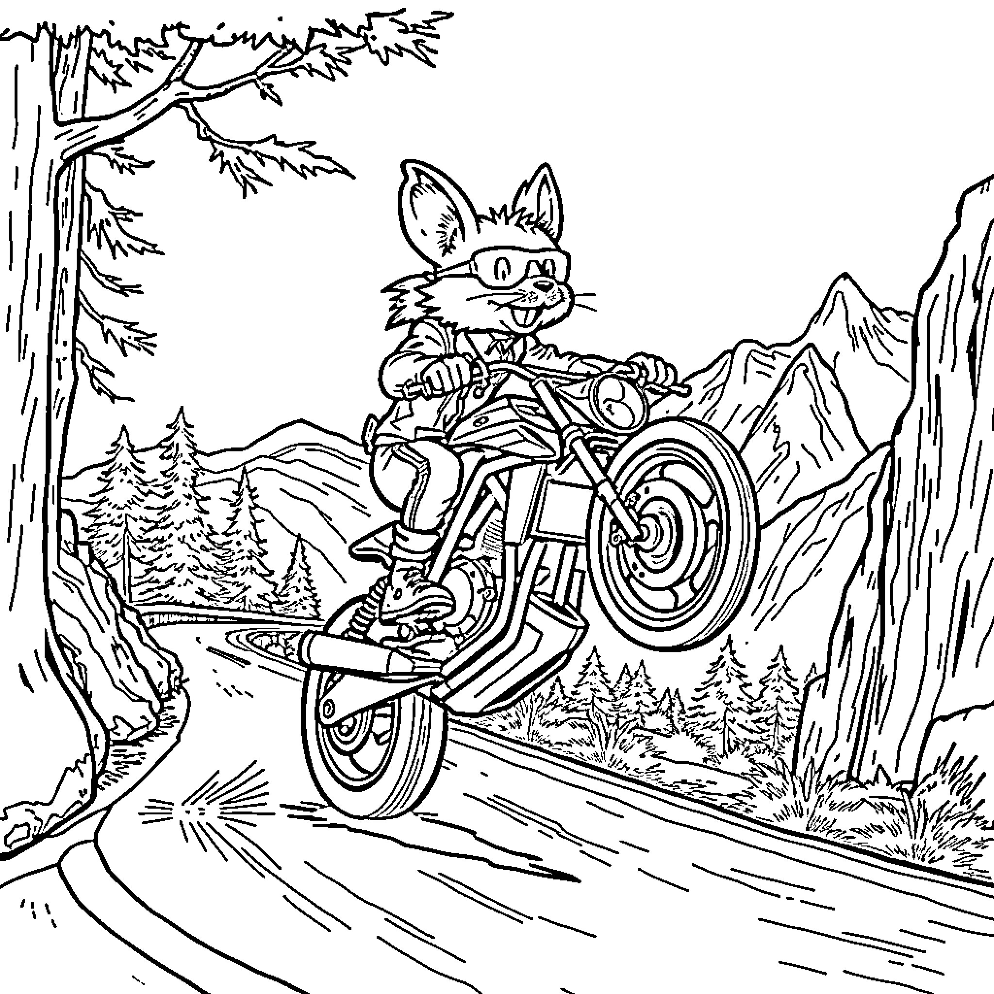 Ratfink's Thrilling Motorcycle Adventure in the Mountains Coloring Page (free black-and-white line drawing printable PDF for all, from beginners to advanced learners, including children, teens, adults, and seniors)