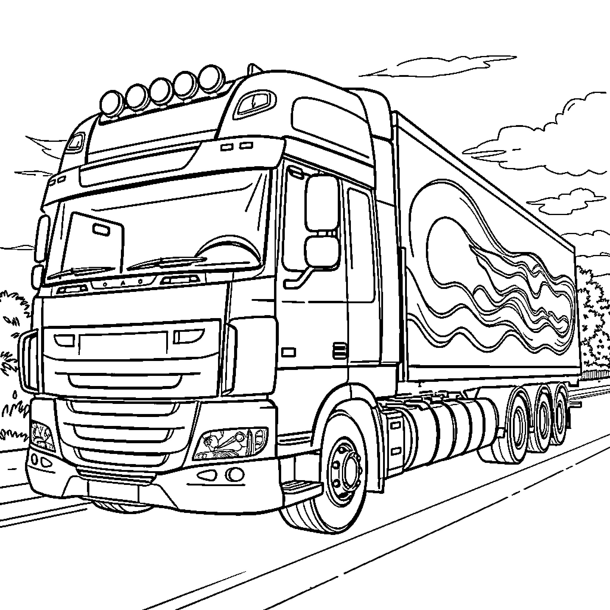 Truck carrying heavy cargo on the highway Coloring Page (free black-and-white line drawing printable PDF for all, from beginners to advanced learners, including children, teens, adults, and seniors)