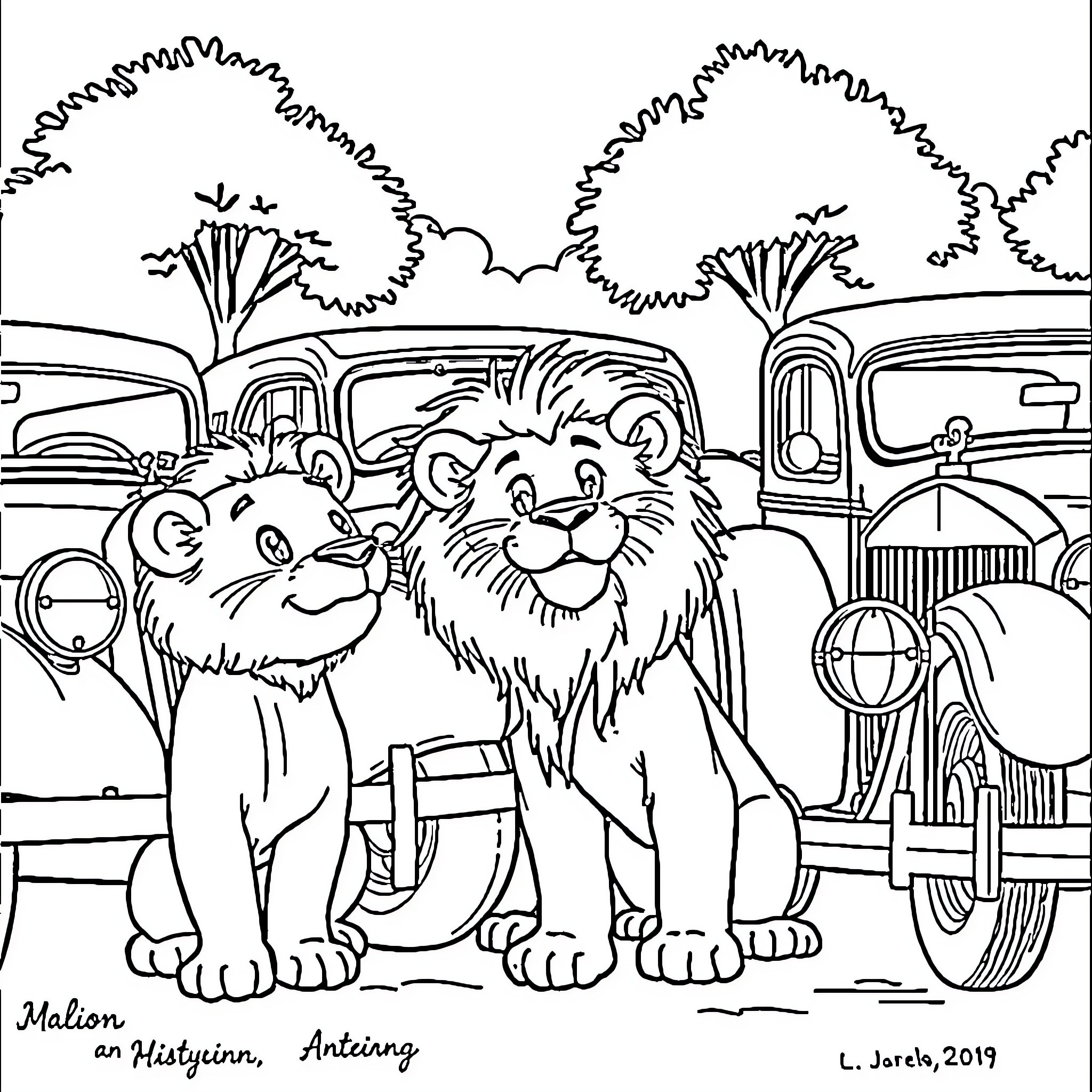 Lion cubs playing near vintage vehicles Coloring Page (free black-and-white line drawing printable PDF for all, from beginners to advanced learners, including children, teens, adults, and seniors)