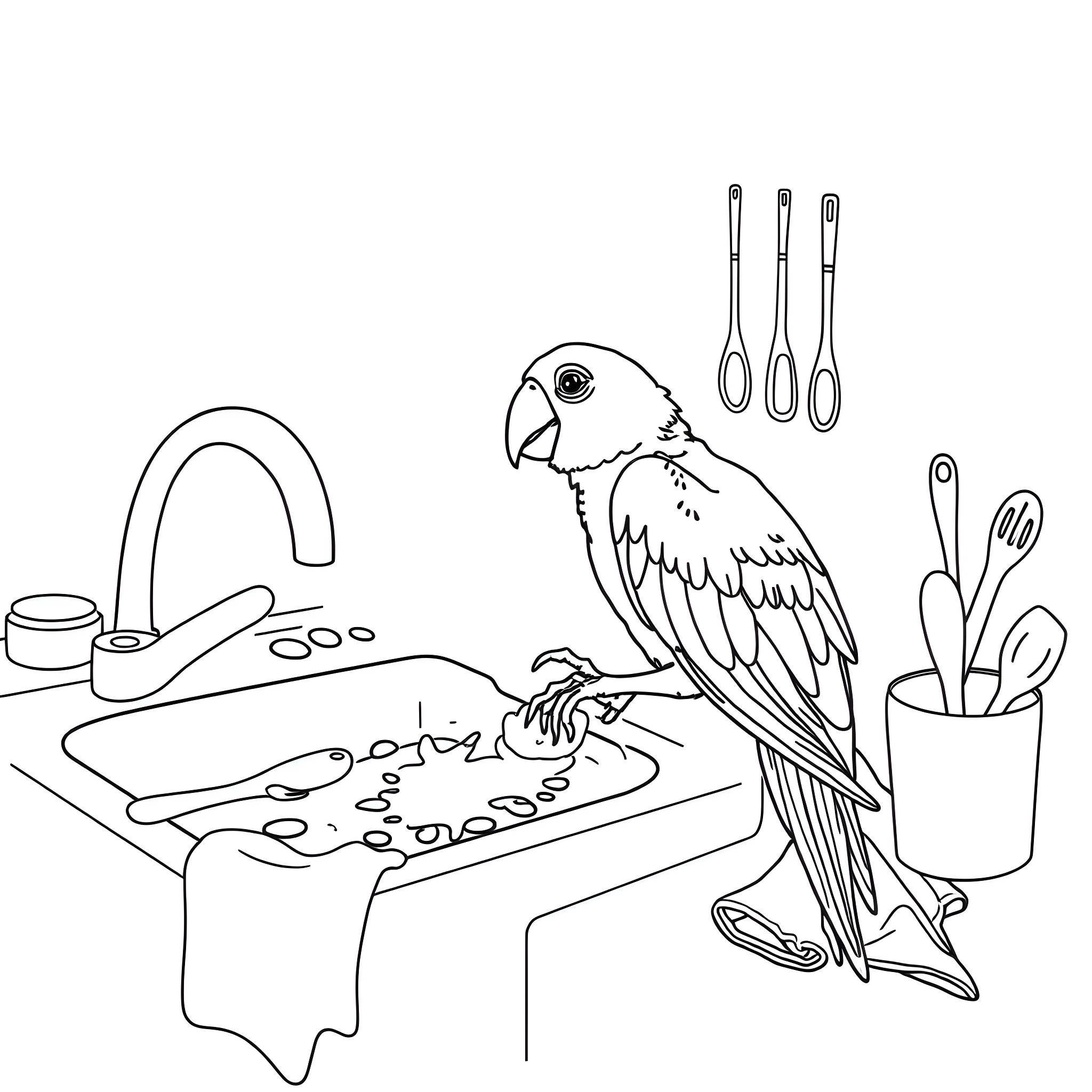 Parrot resting on the kitchen counter Coloring Page (free black-and-white line drawing printable PDF for all, from beginners to advanced learners, including children, teens, adults, and seniors)