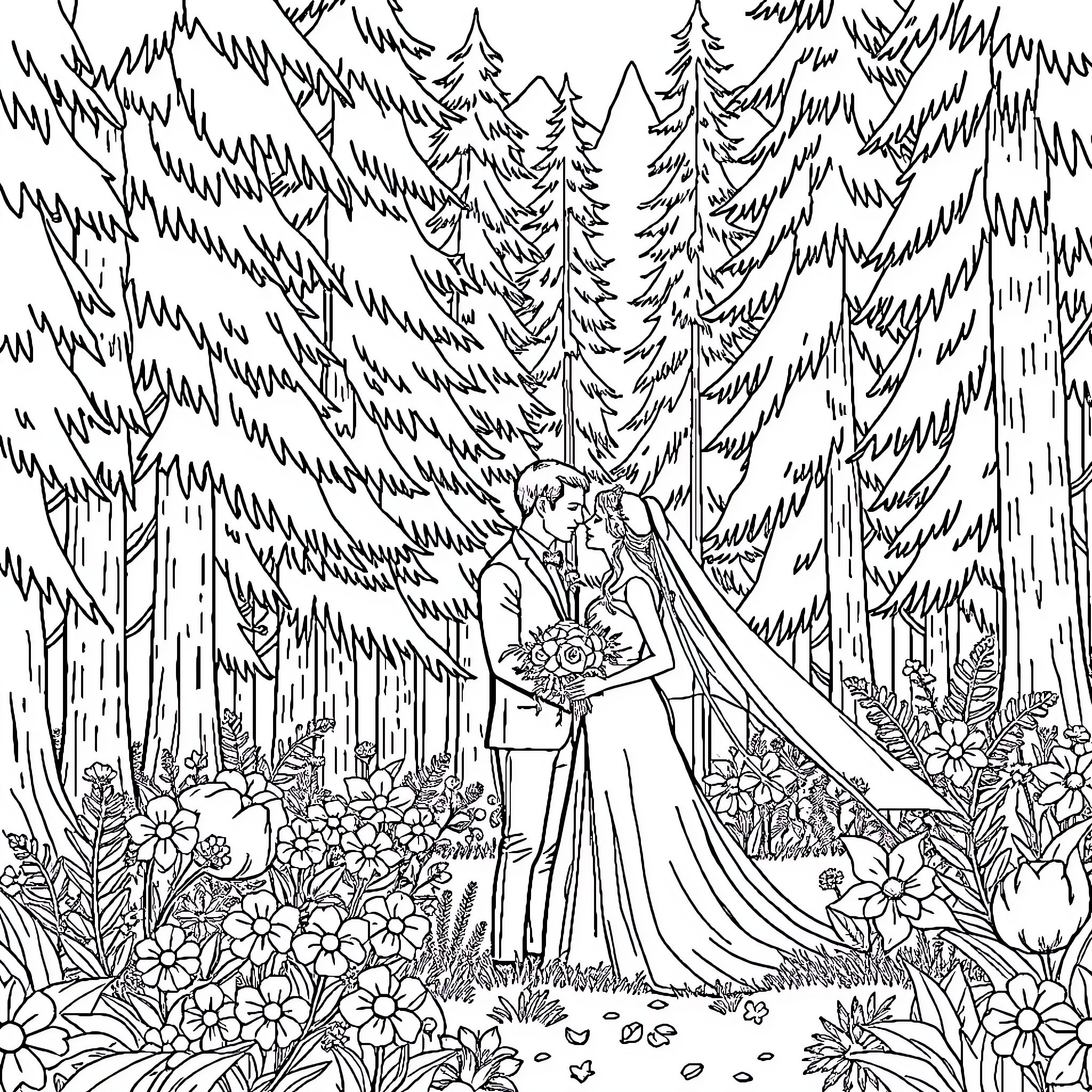 Wedding in a Lush Forest Coloring Page (free black-and-white line drawing printable PDF for all, from beginners to advanced learners, including children, teens, adults, and seniors)
