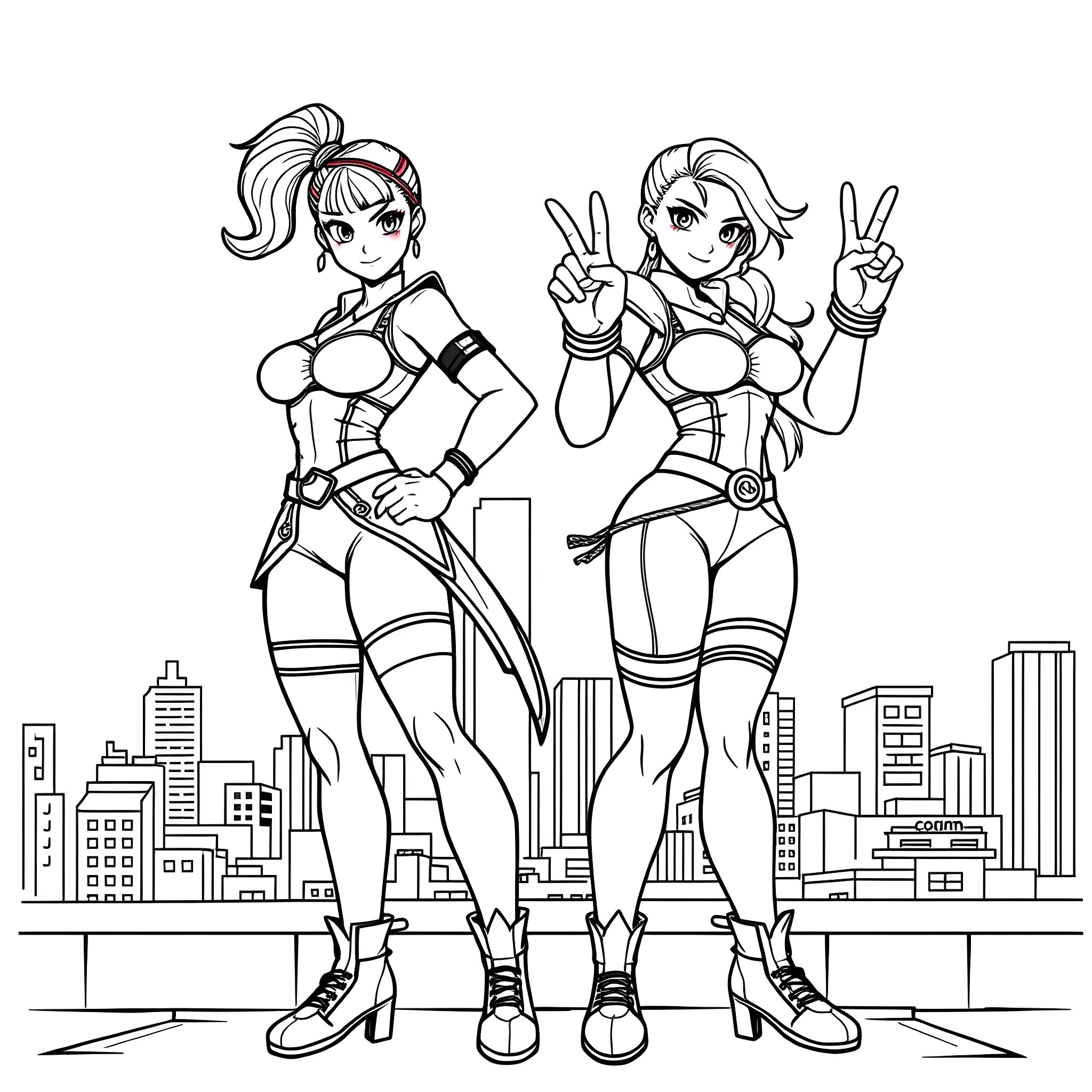 Chun Li and female warrior in action poses against city skyline Coloring Page (free black-and-white line drawing printable PDF for all, from beginners to advanced learners, including children, teens, adults, and seniors)
