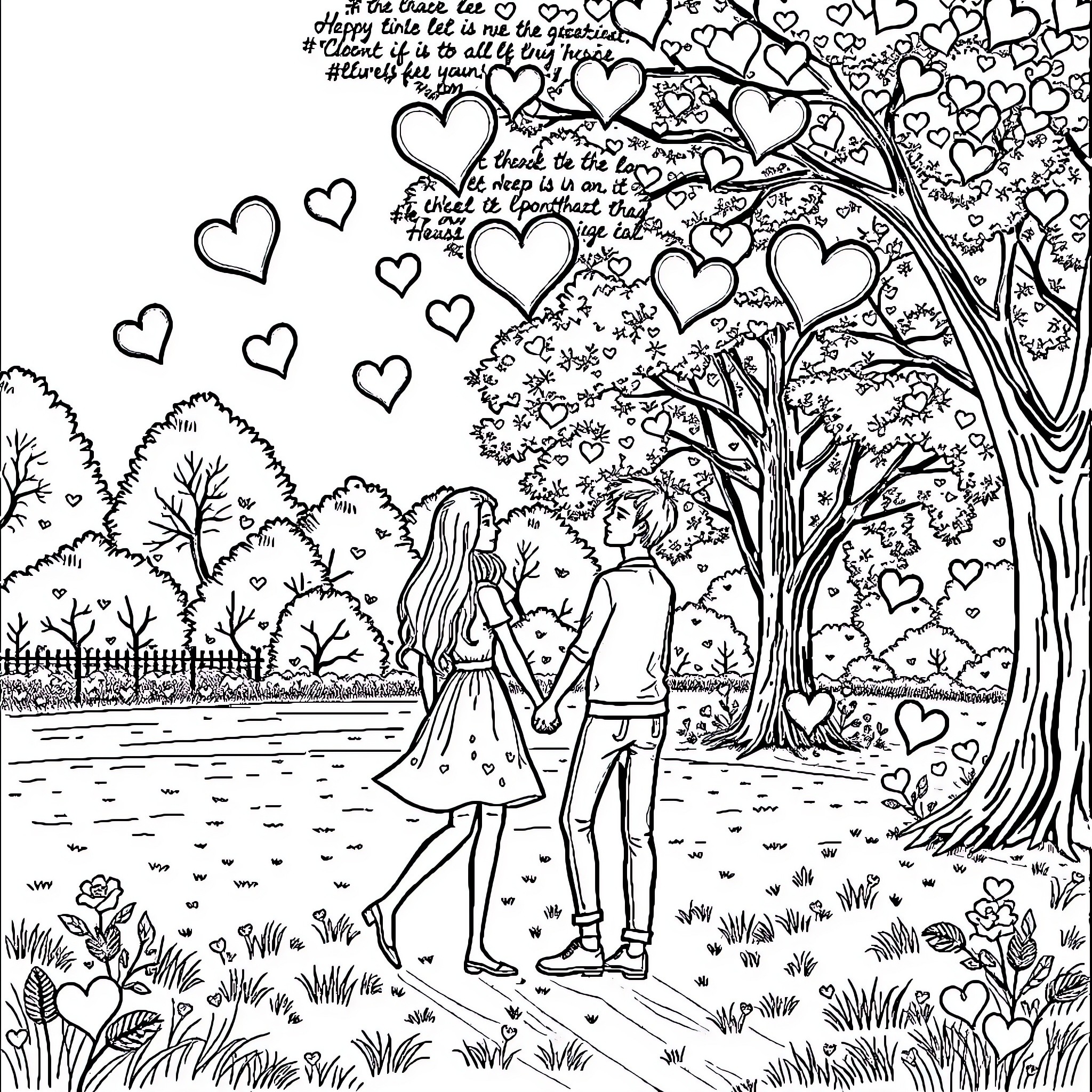 Heart-Filled Romantic Adventure in Nature Coloring Page (free black-and-white line drawing printable PDF for all, from beginners to advanced learners, including children, teens, adults, and seniors)