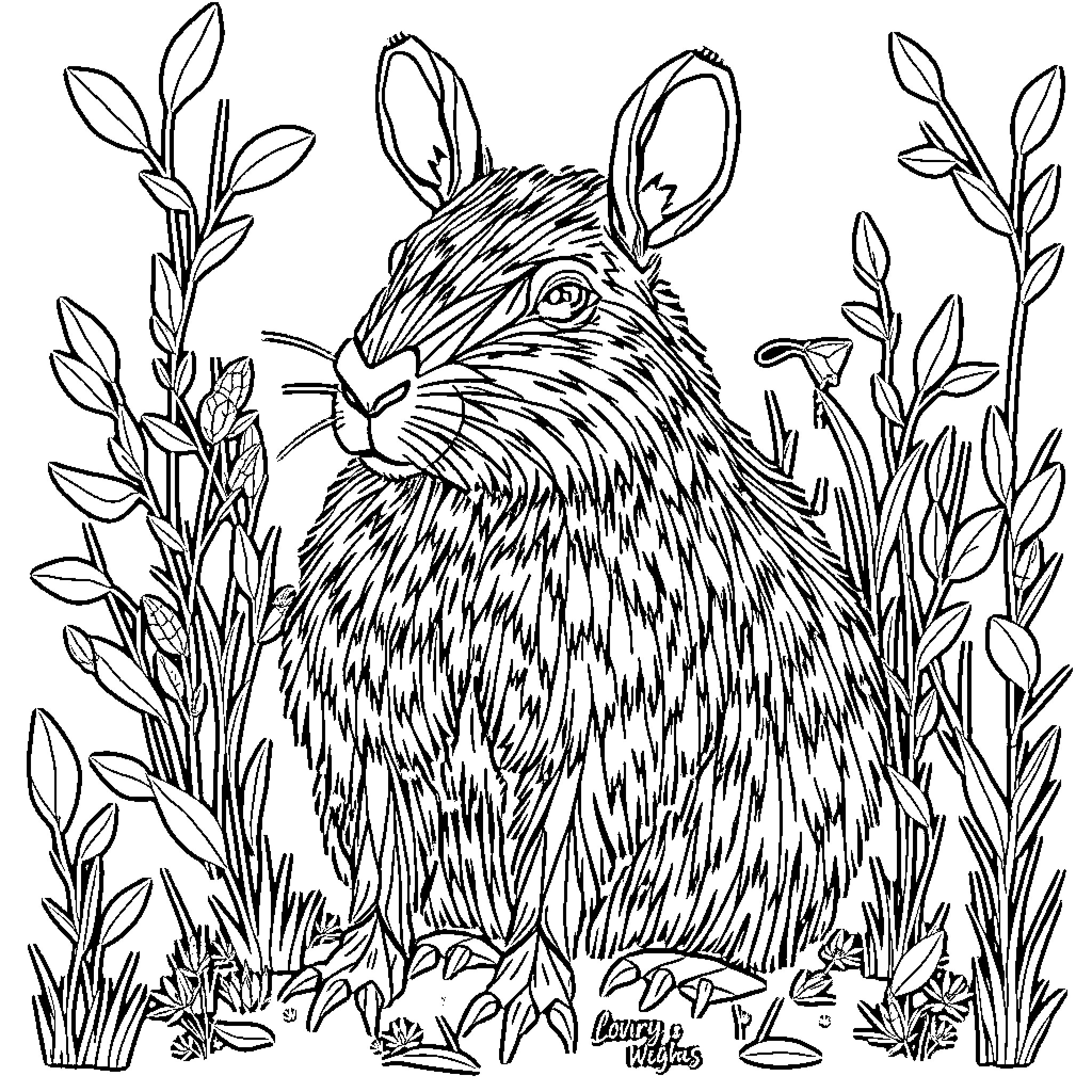 Capybara resting amidst lush foliage Coloring Page (free black-and-white line drawing printable PDF for all, from beginners to advanced learners, including children, teens, adults, and seniors)