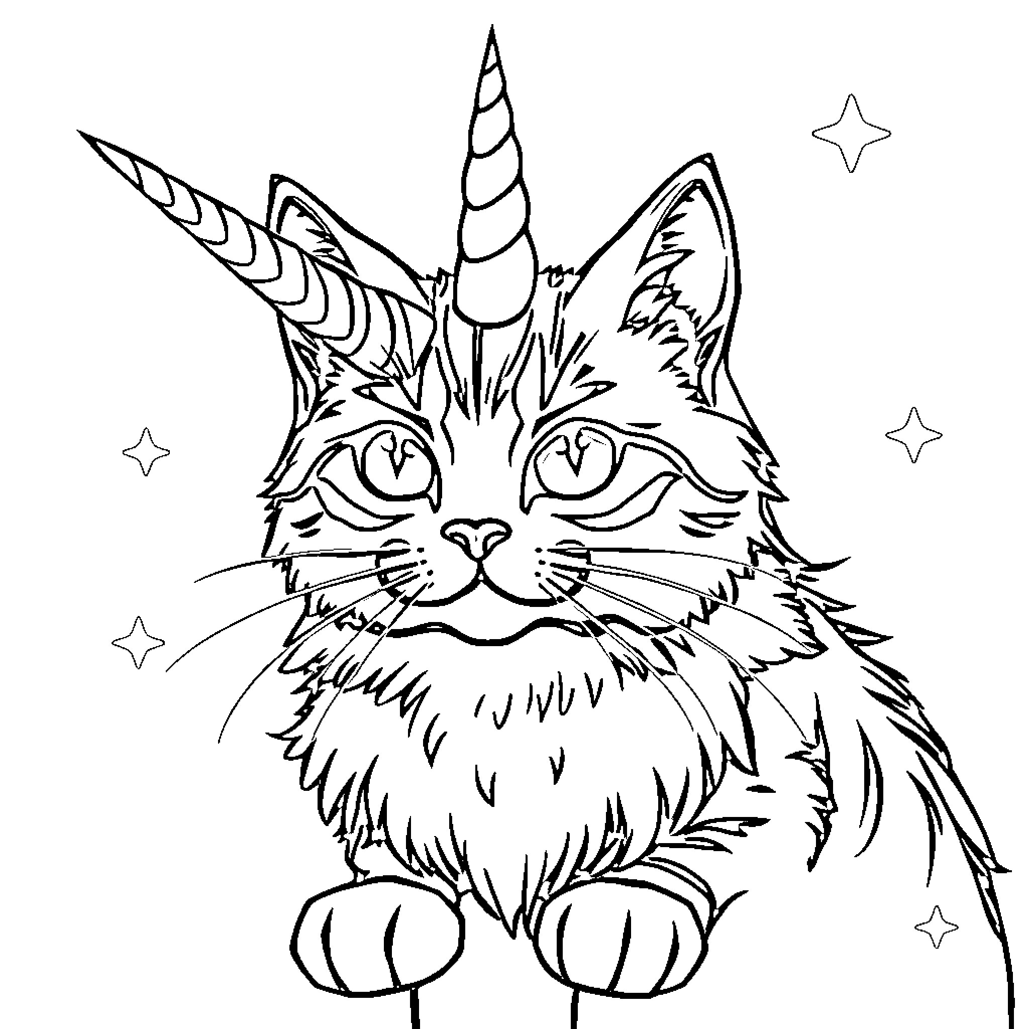 Cat Unicorn gazing at the stars Coloring Page (free black-and-white line drawing printable PDF for all, from beginners to advanced learners, including children, teens, adults, and seniors)