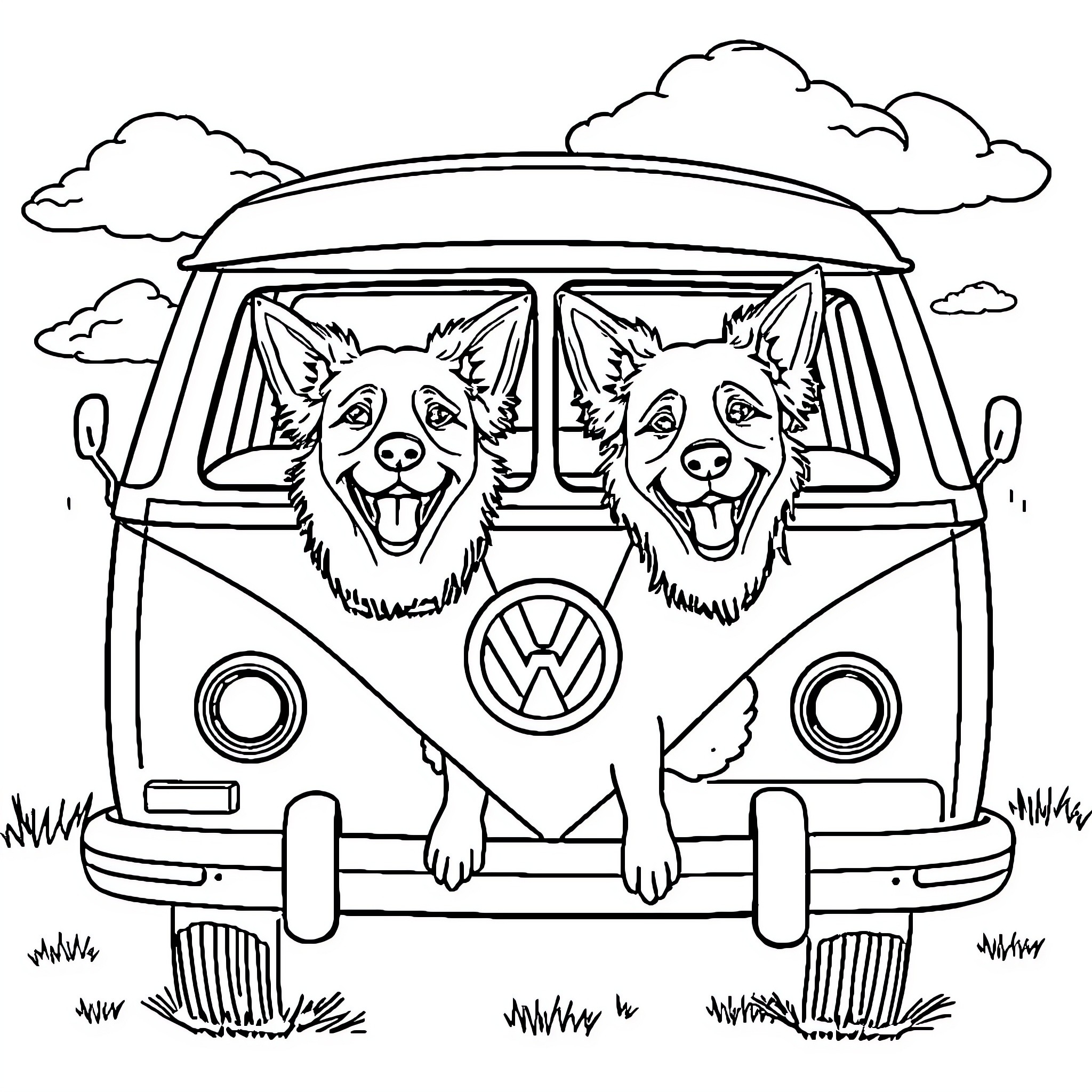 Dog friends riding a retro van on the road Coloring Page (free black-and-white line drawing printable PDF for all, from beginners to advanced learners, including children, teens, adults, and seniors)