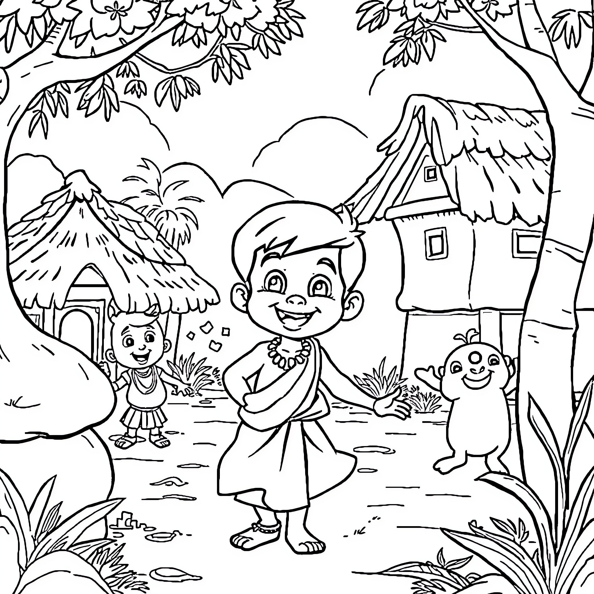 Chhota Bheem exploring the enchanting forest Coloring Page (free black-and-white line drawing printable PDF for all, from beginners to advanced learners, including children, teens, adults, and seniors)