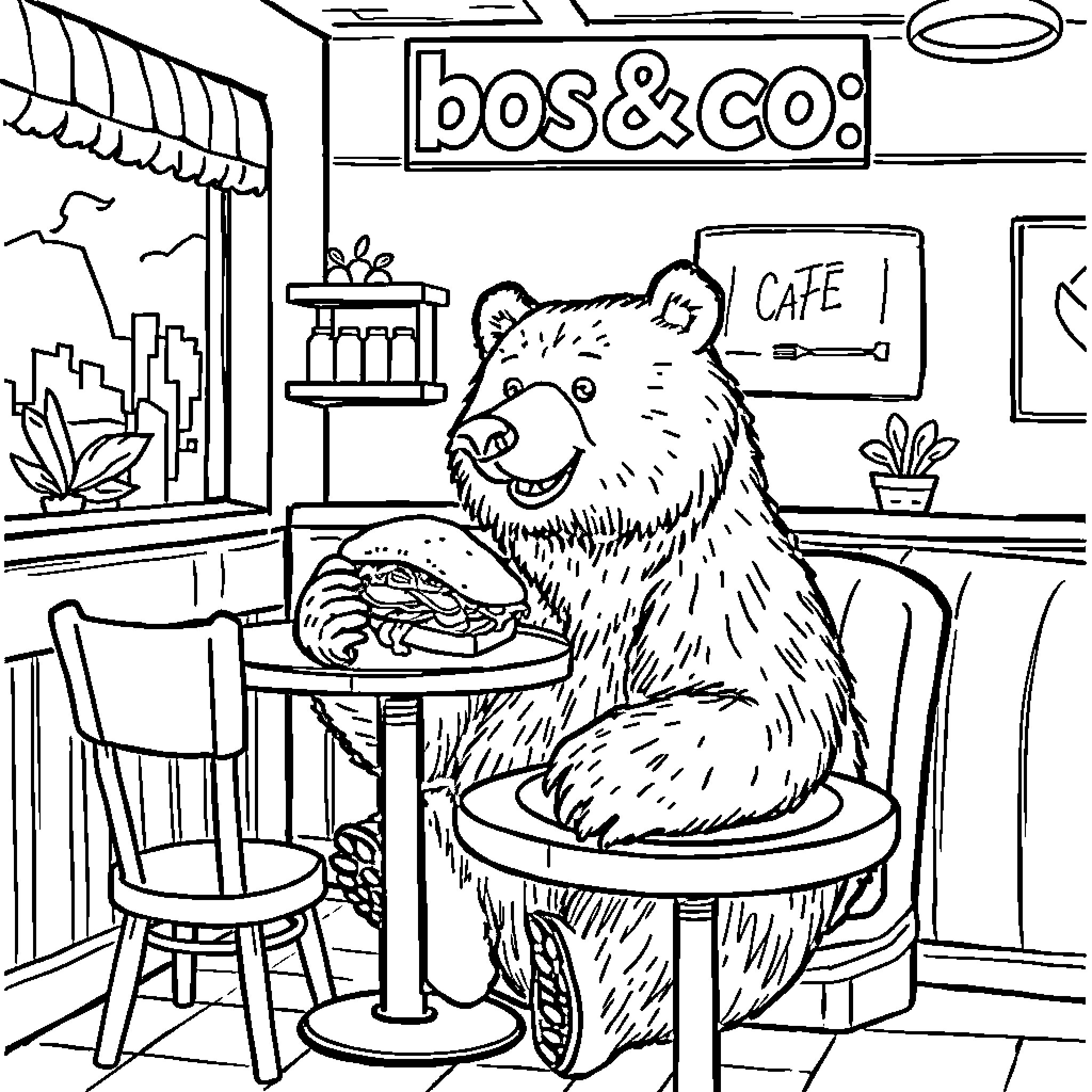 Bear enjoying a meal at a cafe Coloring Page (free black-and-white line drawing printable PDF for all, from beginners to advanced learners, including children, teens, adults, and seniors)