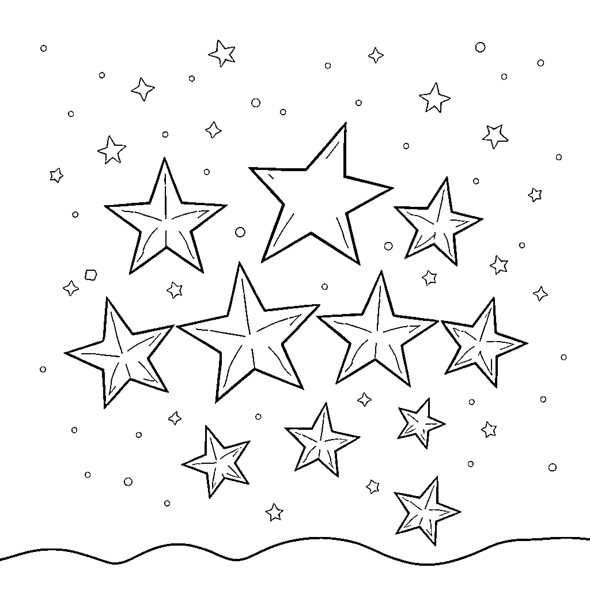 Star-filled night sky with scattered stars Coloring Page (free black-and-white line drawing printable PDF for all, from beginners to advanced learners, including children, teens, adults, and seniors)