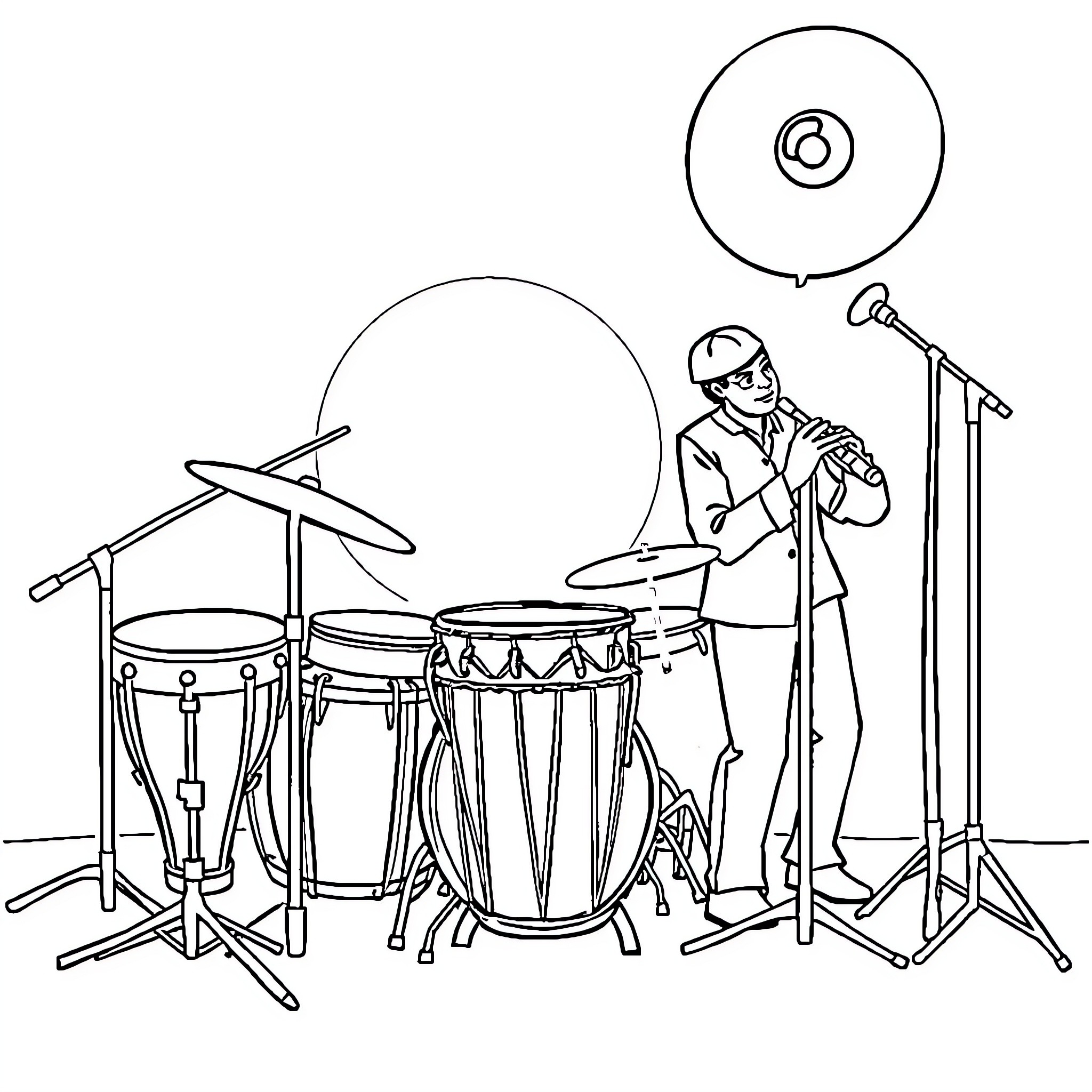 Musician performing on stage with drums Coloring Page (free black-and-white line drawing printable PDF for all, from beginners to advanced learners, including children, teens, adults, and seniors)