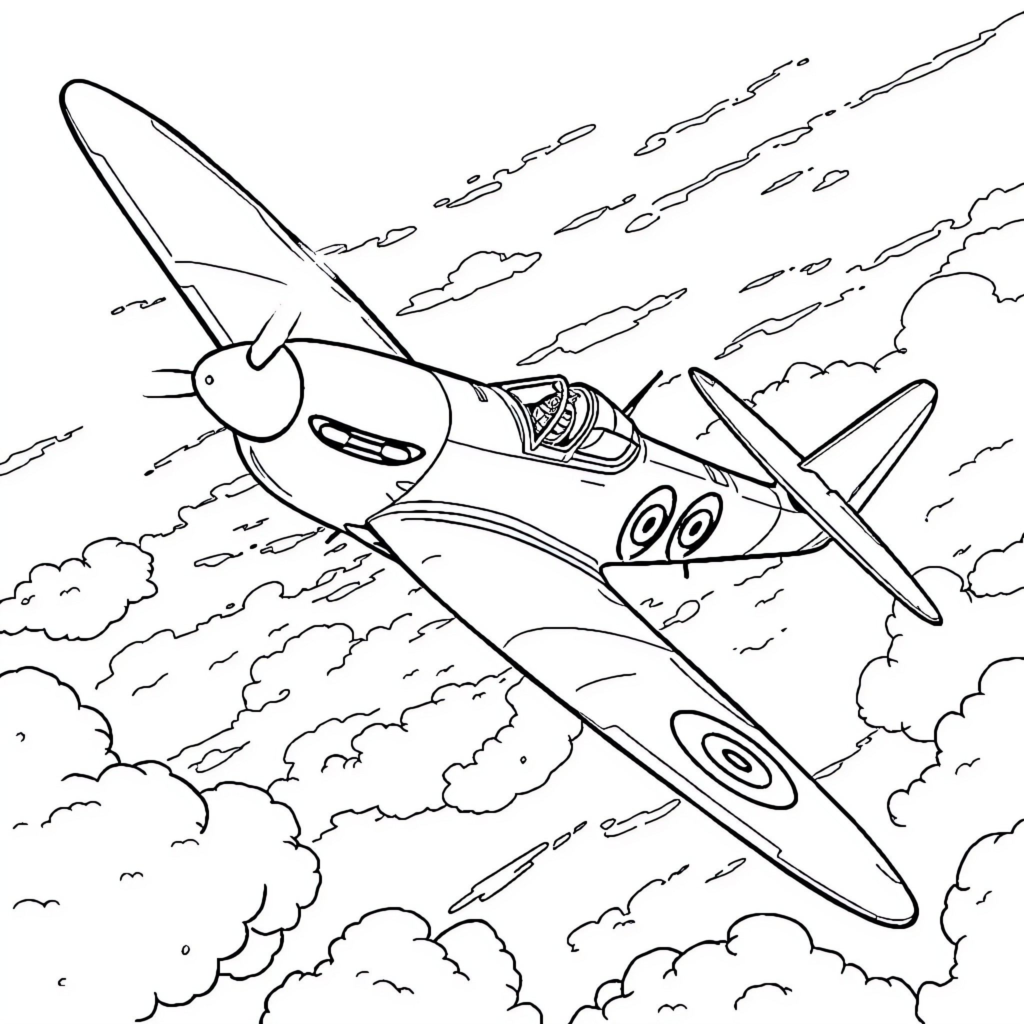 Spitfire soaring through cloudy skies Coloring Page (free black-and-white line drawing printable PDF for all, from beginners to advanced learners, including children, teens, adults, and seniors)