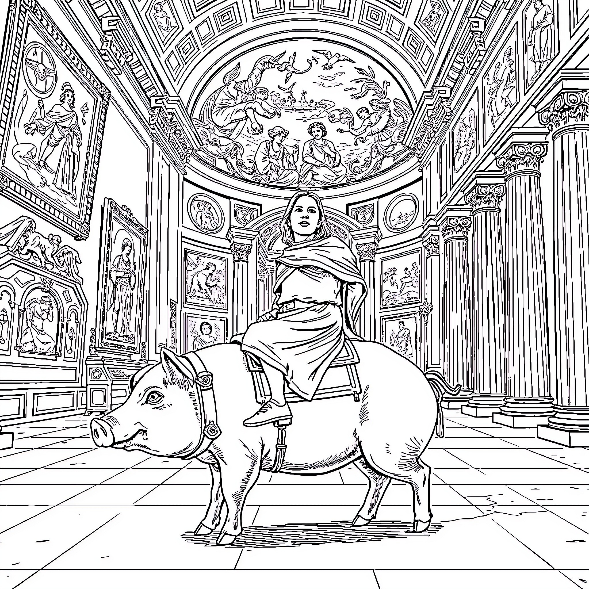 Obi-Wan's Regal Ride Through Ornate Halls Coloring Page (free black-and-white line drawing printable PDF for all, from beginners to advanced learners, including children, teens, adults, and seniors)