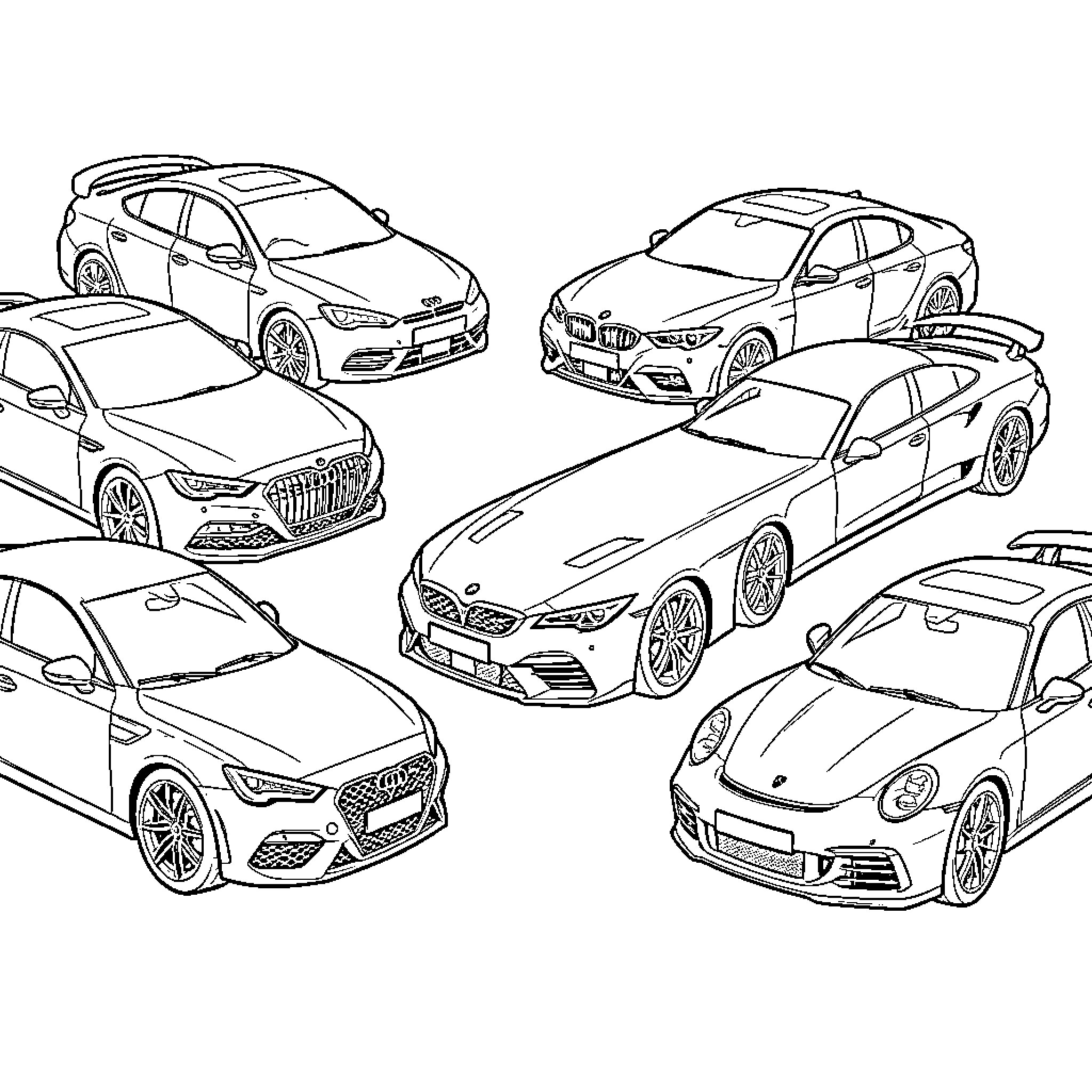 Car collection featuring various luxury sports models Coloring Page (free black-and-white line drawing printable PDF for all, from beginners to advanced learners, including children, teens, adults, and seniors)