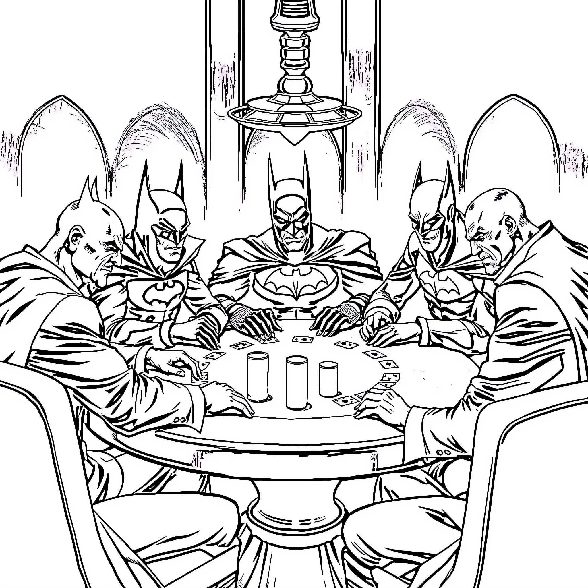 Batman Villain Plotting Sinister Schemes at a Gathering Coloring Page (free black-and-white line drawing printable PDF for all, from beginners to advanced learners, including children, teens, adults, and seniors)