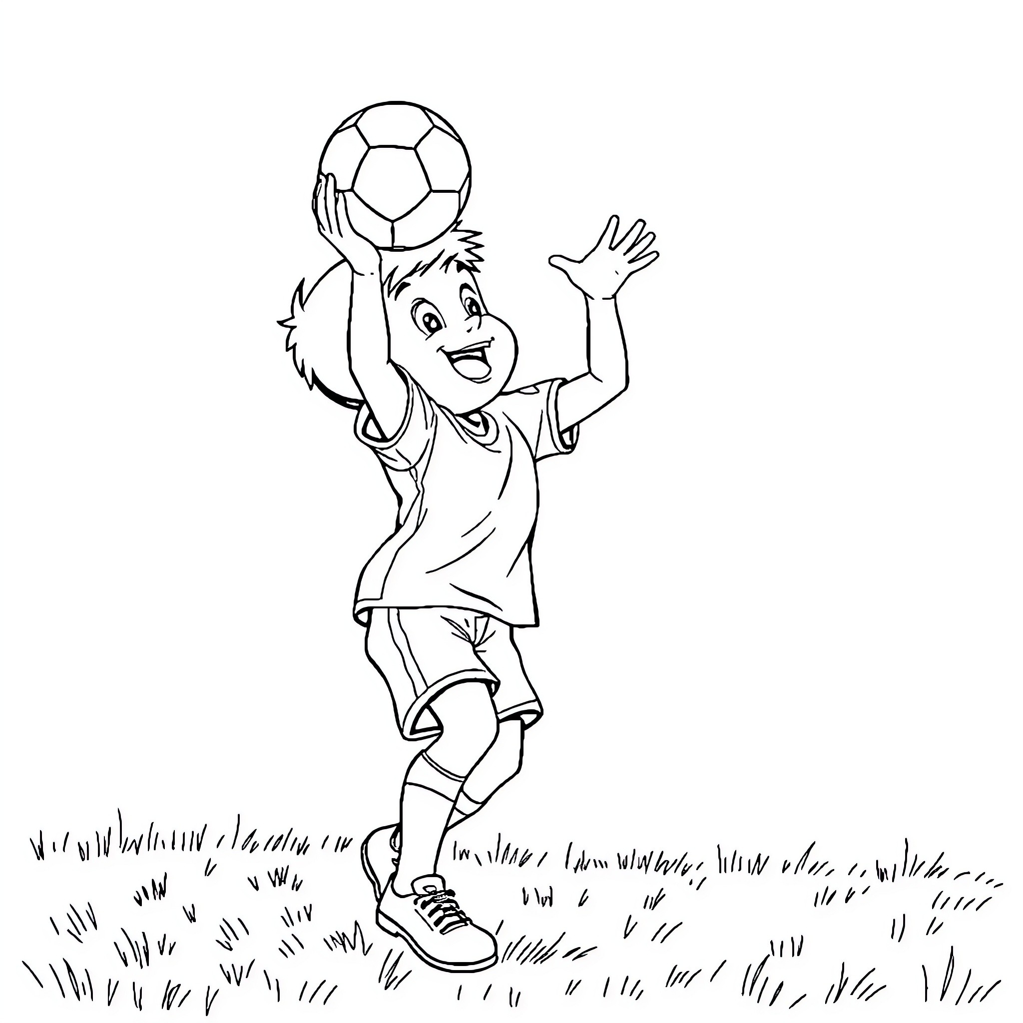 Niño playing joyfully with soccer ball outdoors Coloring Page (free black-and-white line drawing printable PDF for all, from beginners to advanced learners, including children, teens, adults, and seniors)