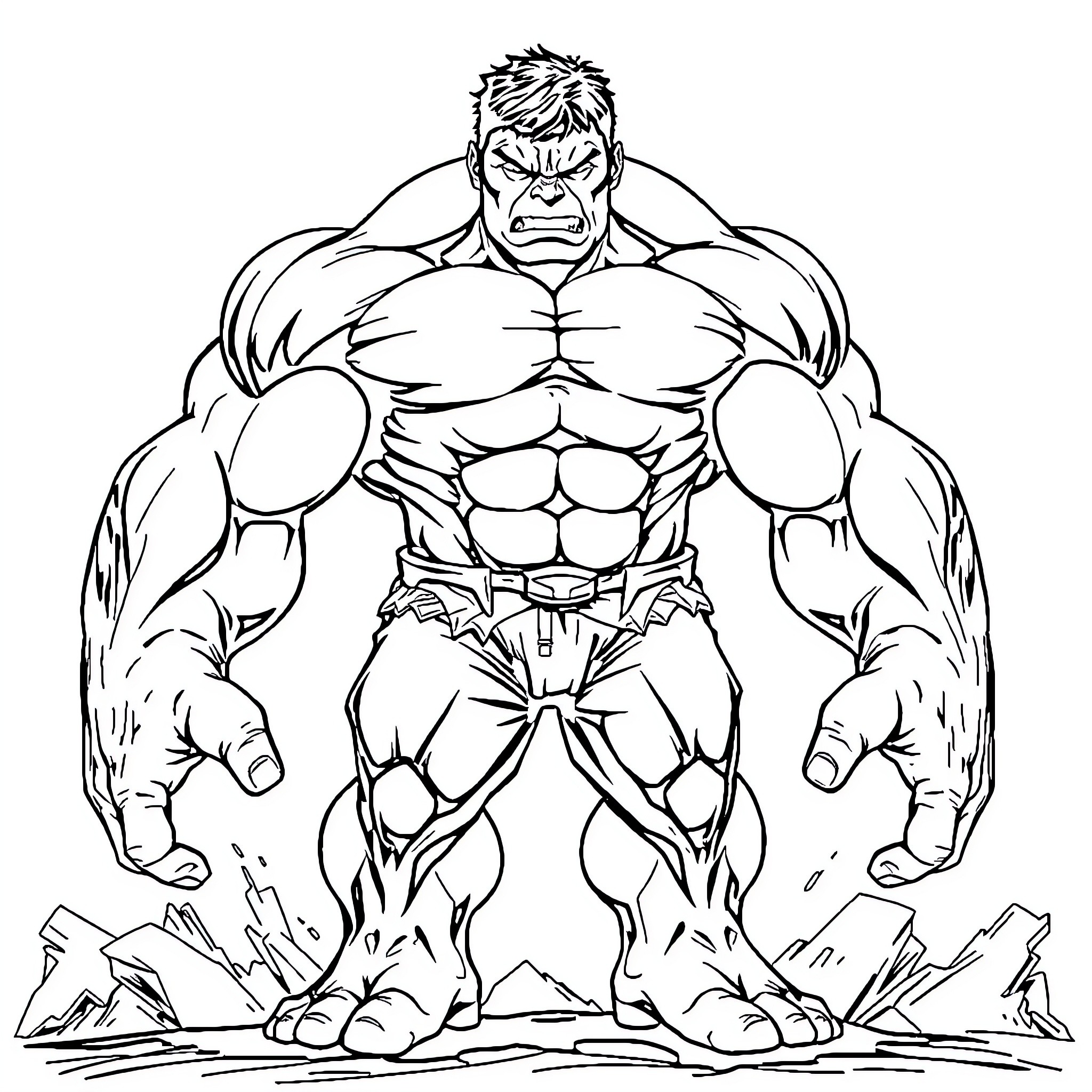 Hulk Unleashing Powerful Rage on the Ground Coloring Page (free black-and-white line drawing printable PDF for all, from beginners to advanced learners, including children, teens, adults, and seniors)