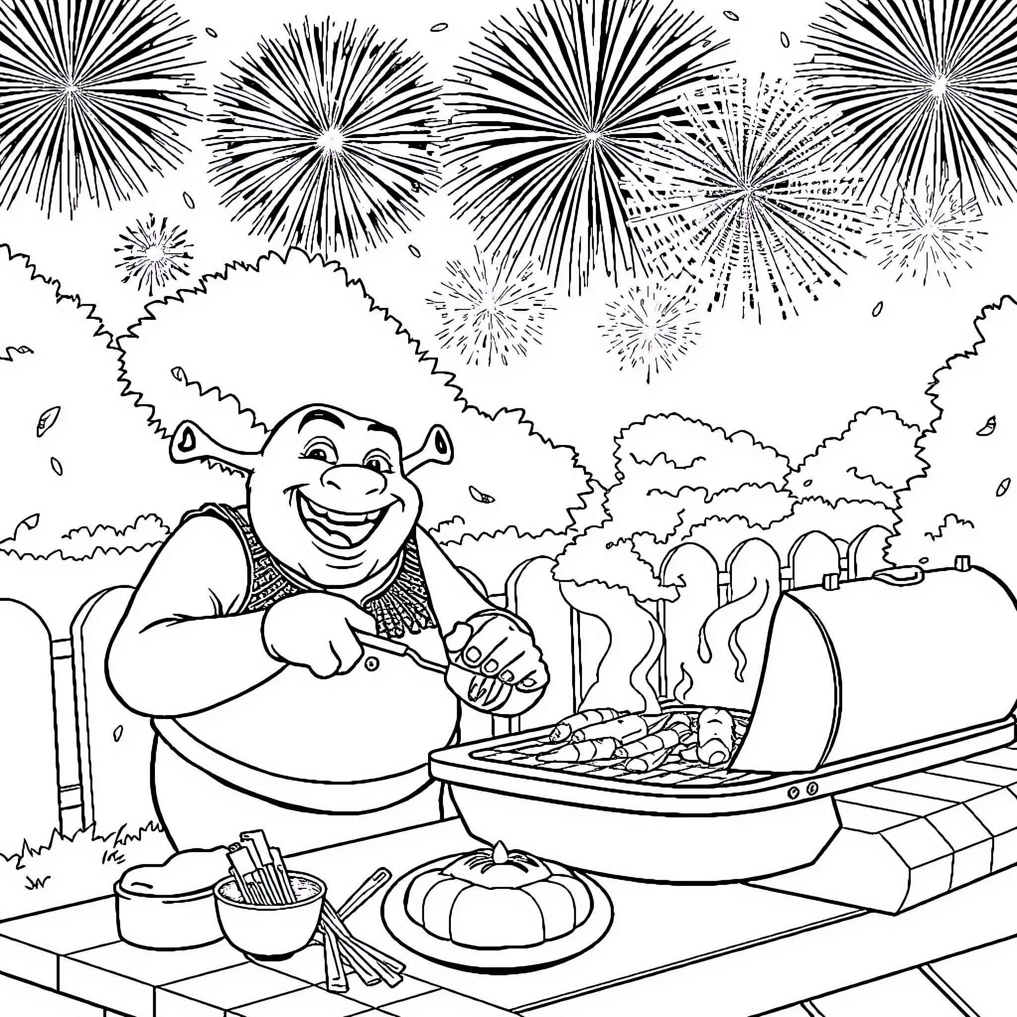 Shrek enjoying a barbecue with fireworks in the background Coloring Page (free black-and-white line drawing printable PDF for all, from beginners to advanced learners, including children, teens, adults, and seniors)