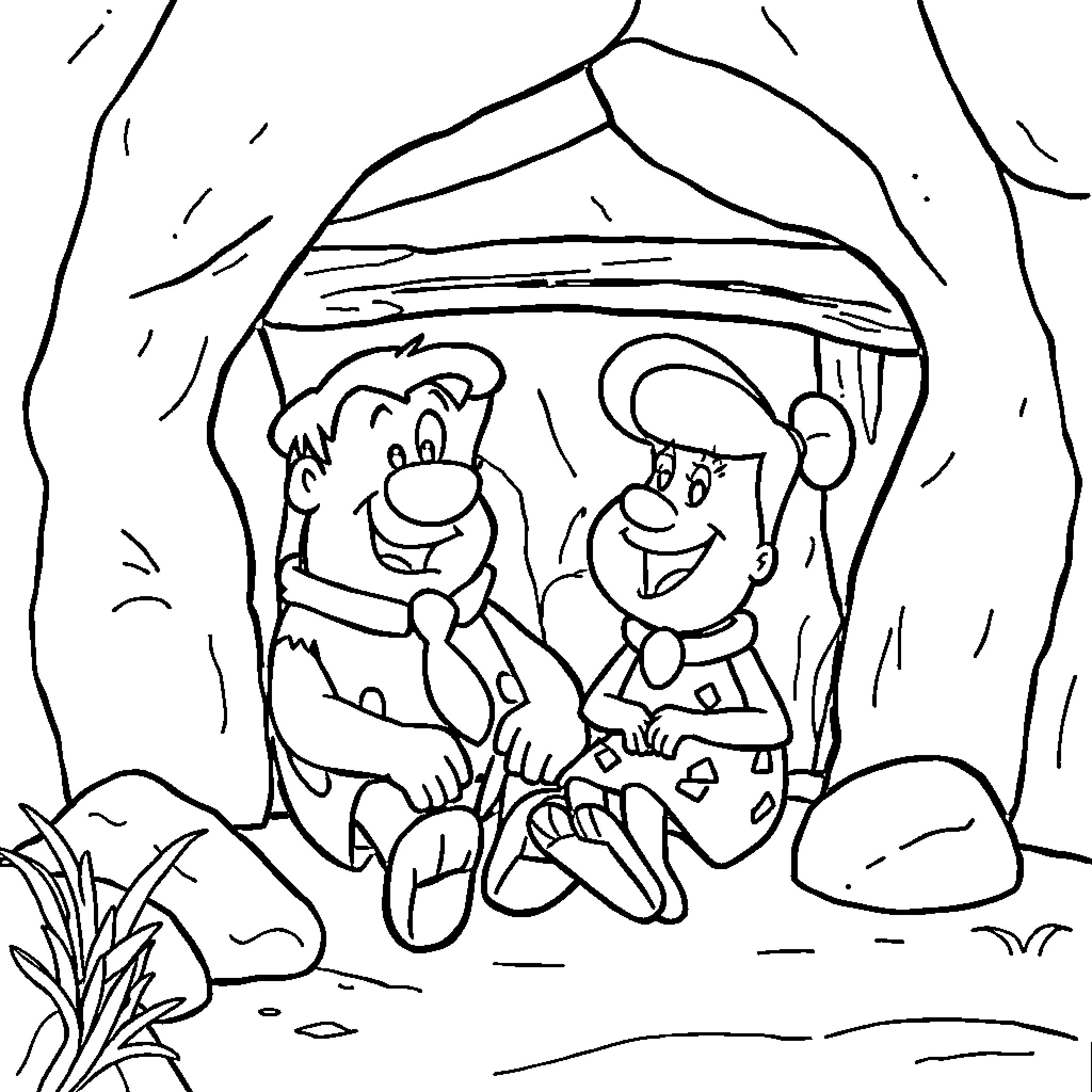 Fred Flintstone and Barney Rubble explore the prehistoric cave Coloring Page (free black-and-white line drawing printable PDF for all, from beginners to advanced learners, including children, teens, adults, and seniors)