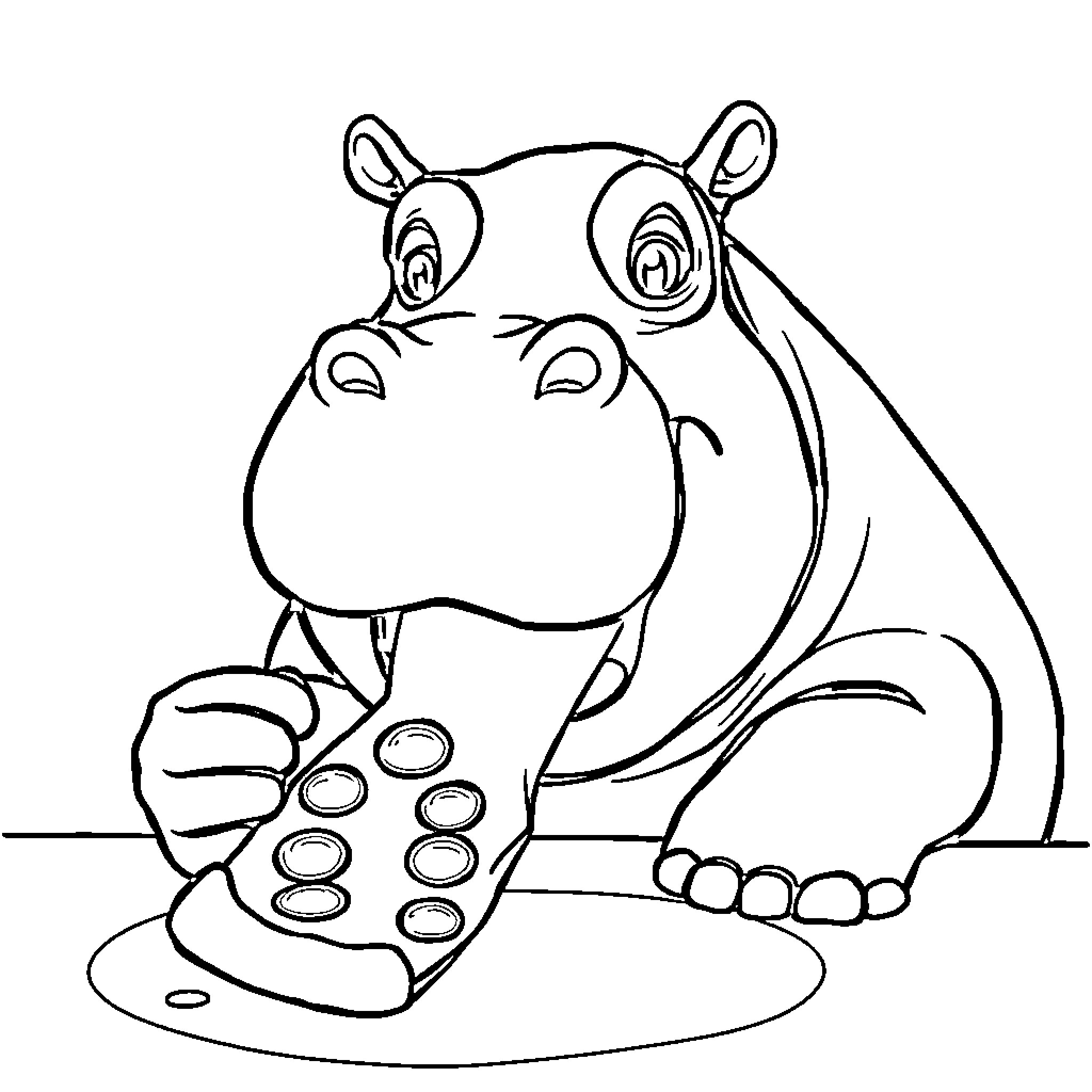 Hippo playing with remote control Coloring Page (free black-and-white line drawing printable PDF for all, from beginners to advanced learners, including children, teens, adults, and seniors)