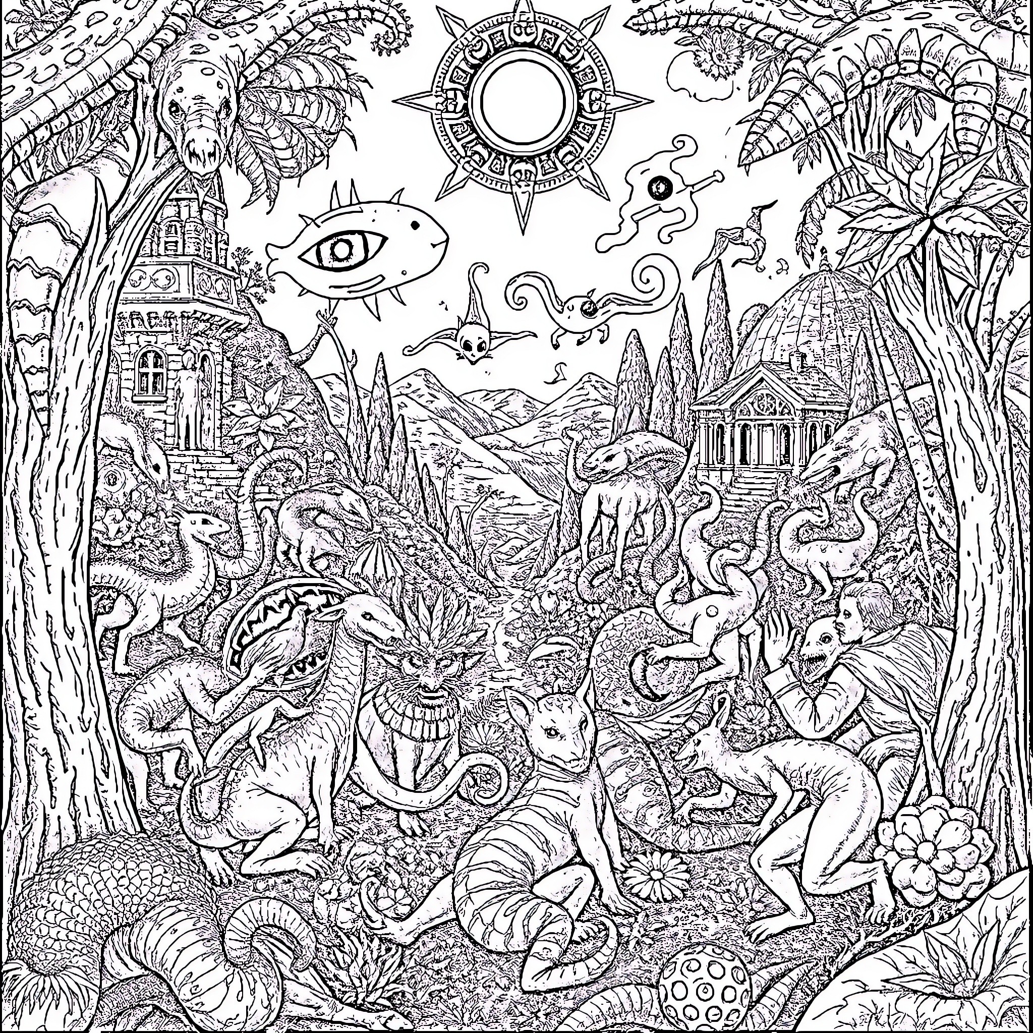 Garden of Fantastical Creatures and Symbols Coloring Page (free black-and-white line drawing printable PDF for all, from beginners to advanced learners, including children, teens, adults, and seniors)
