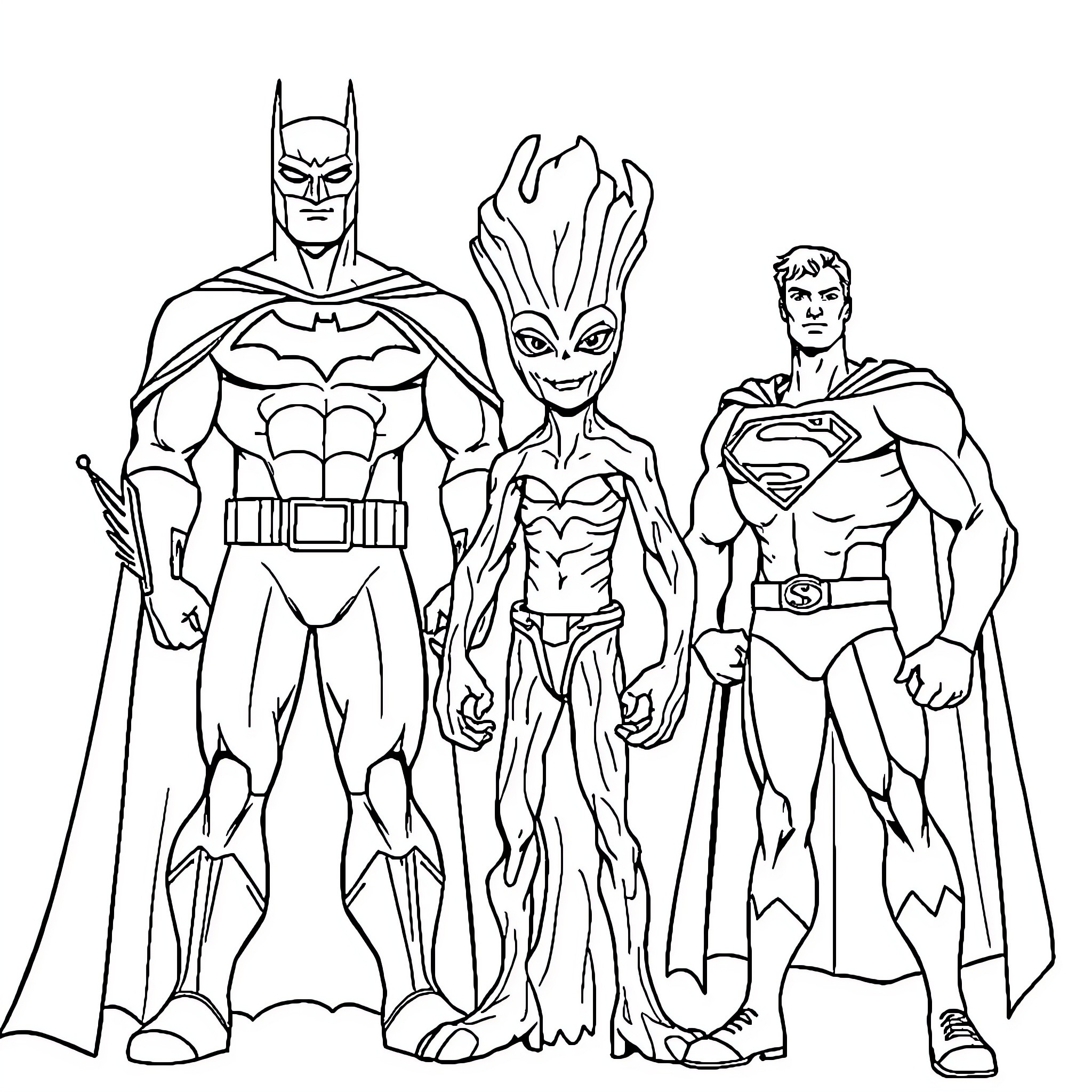 Superhero Trio in Action-Packed Pose Coloring Page (free black-and-white line drawing printable PDF for all, from beginners to advanced learners, including children, teens, adults, and seniors)
