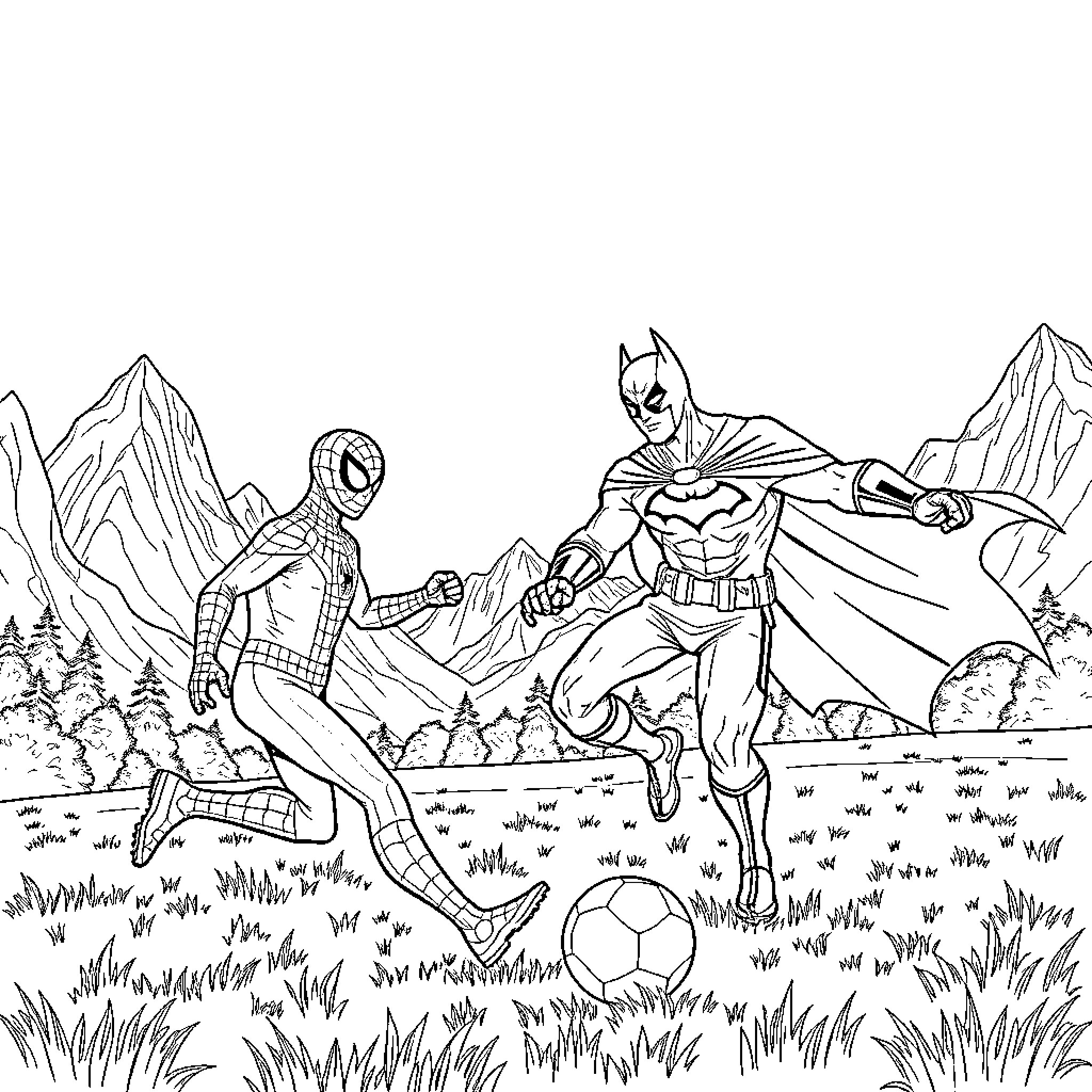 Superhero Duo Engaging in Outdoor Adventure Coloring Page (free black-and-white line drawing printable PDF for all, from beginners to advanced learners, including children, teens, adults, and seniors)