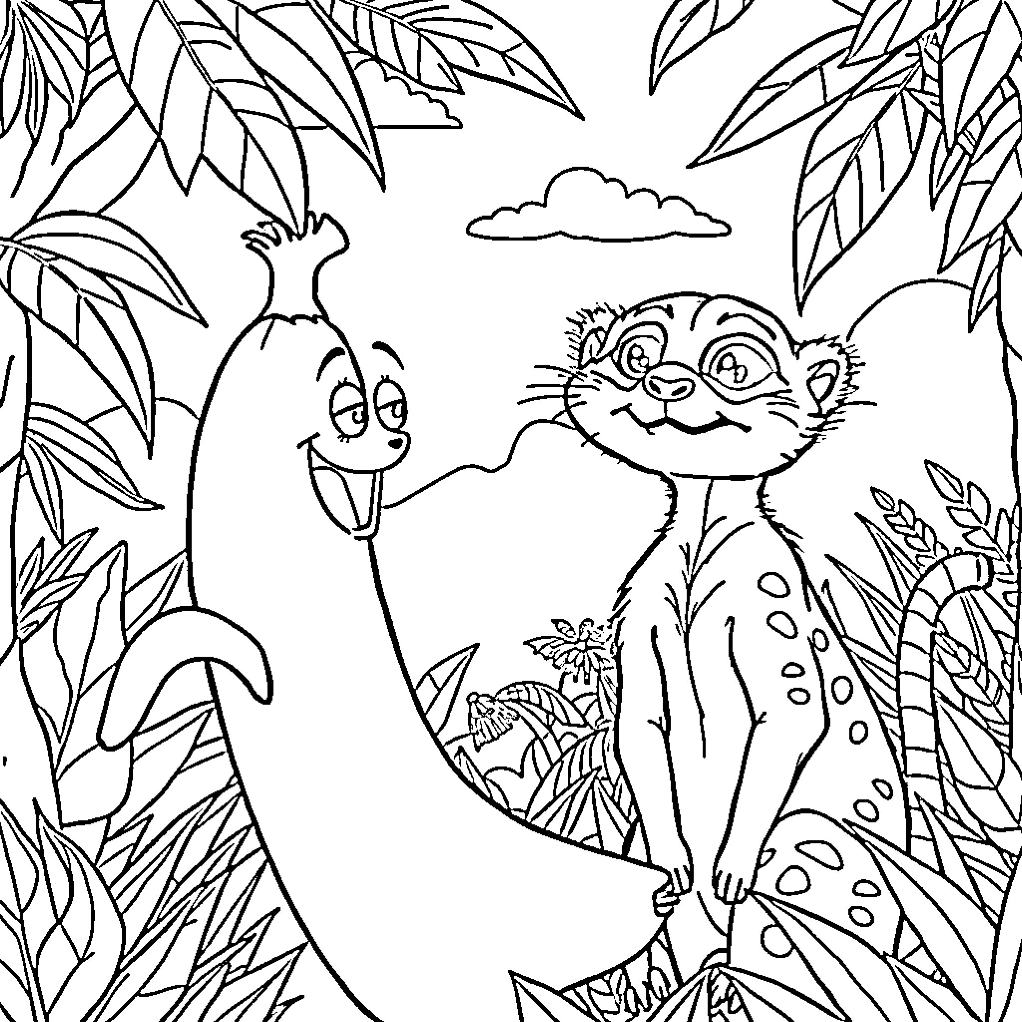 Banana characters playing in the jungle Coloring Page (free black-and-white line drawing printable PDF for all, from beginners to advanced learners, including children, teens, adults, and seniors)