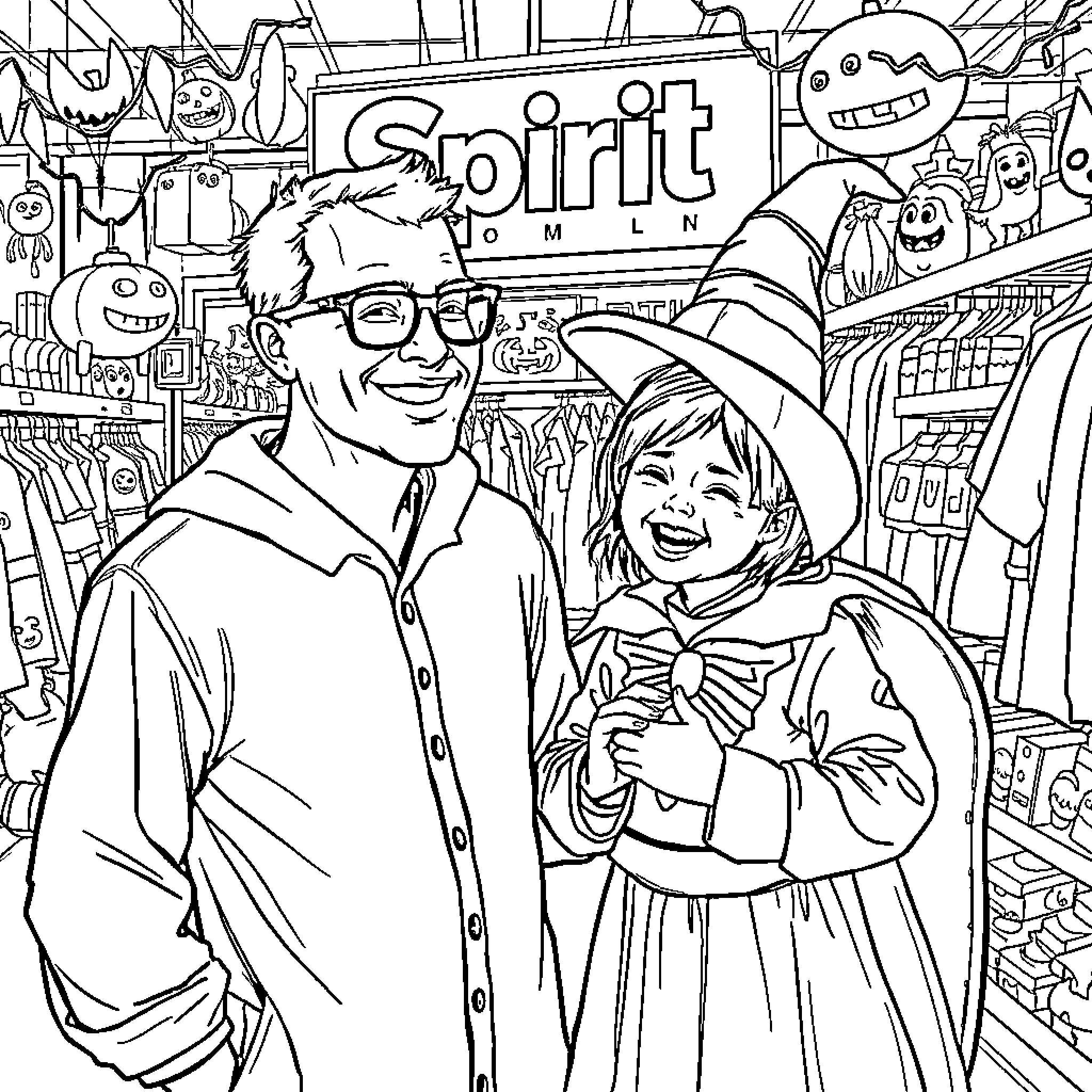 Man and child shopping in Spirit Halloween store Coloring Page (free black-and-white line drawing printable PDF for all, from beginners to advanced learners, including children, teens, adults, and seniors)