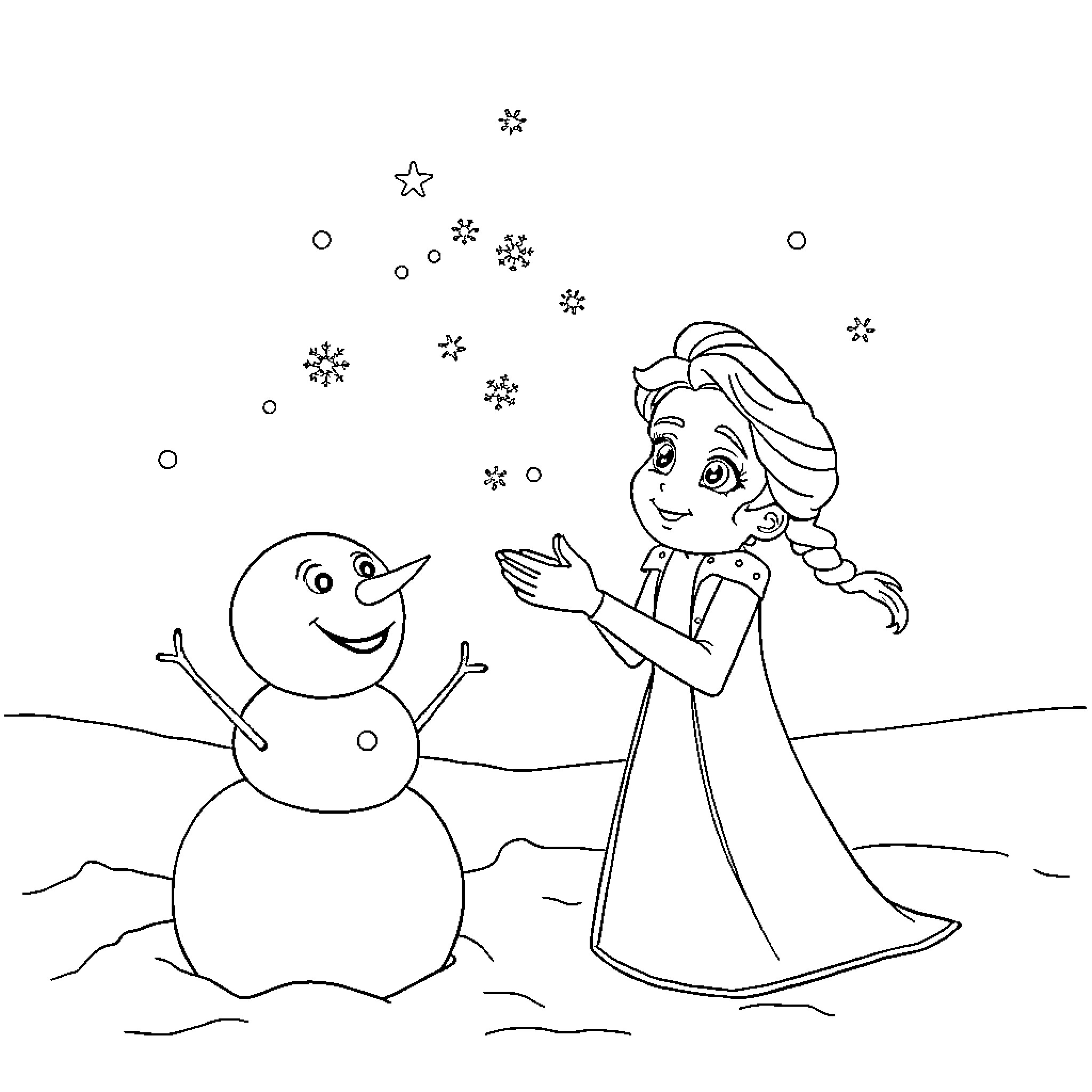 Elsa building a snowman with joy Coloring Page (free black-and-white line drawing printable PDF for all, from beginners to advanced learners, including children, teens, adults, and seniors)