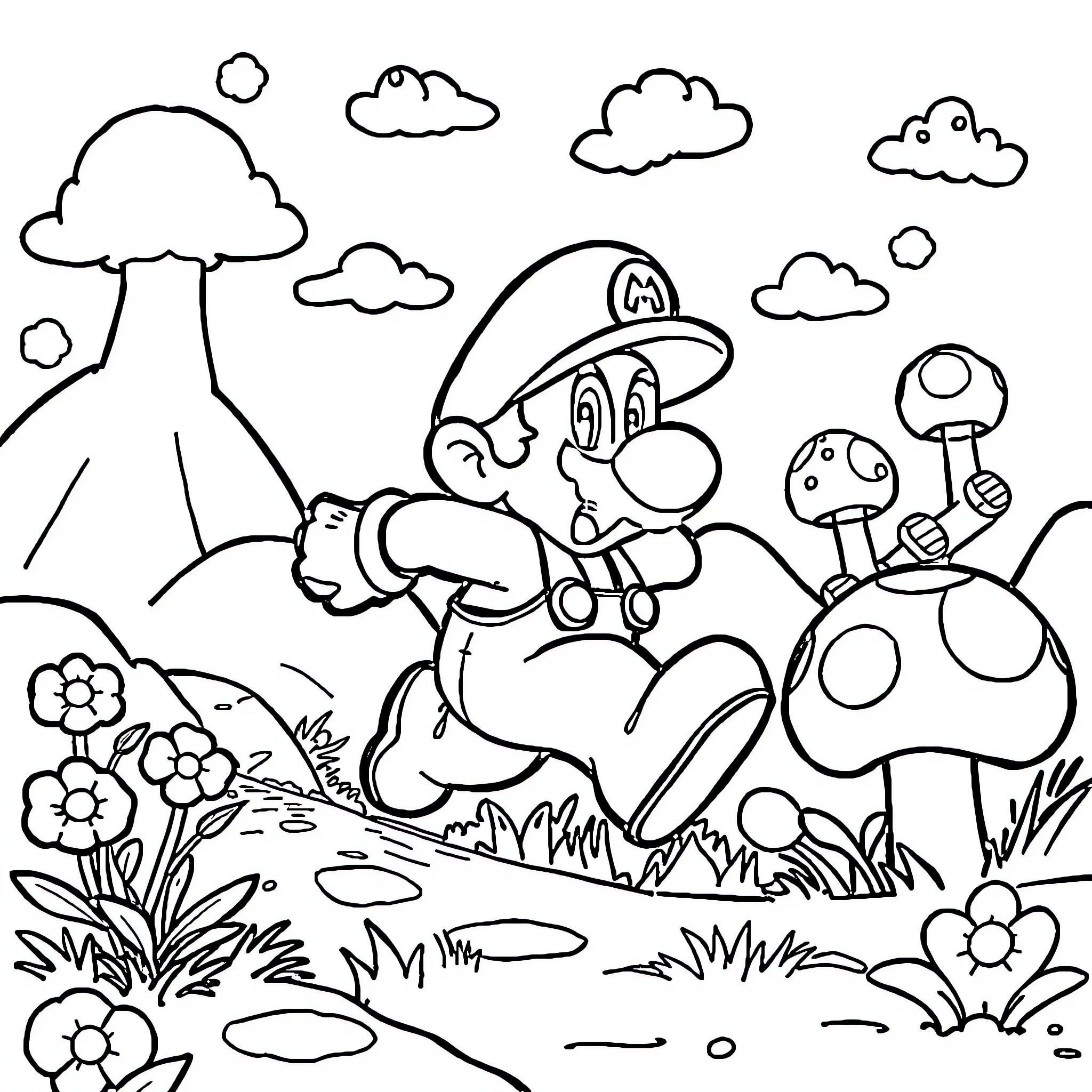 Mario exploring a whimsical mushroom-filled landscape Coloring Page (free black-and-white line drawing printable PDF for all, from beginners to advanced learners, including children, teens, adults, and seniors)