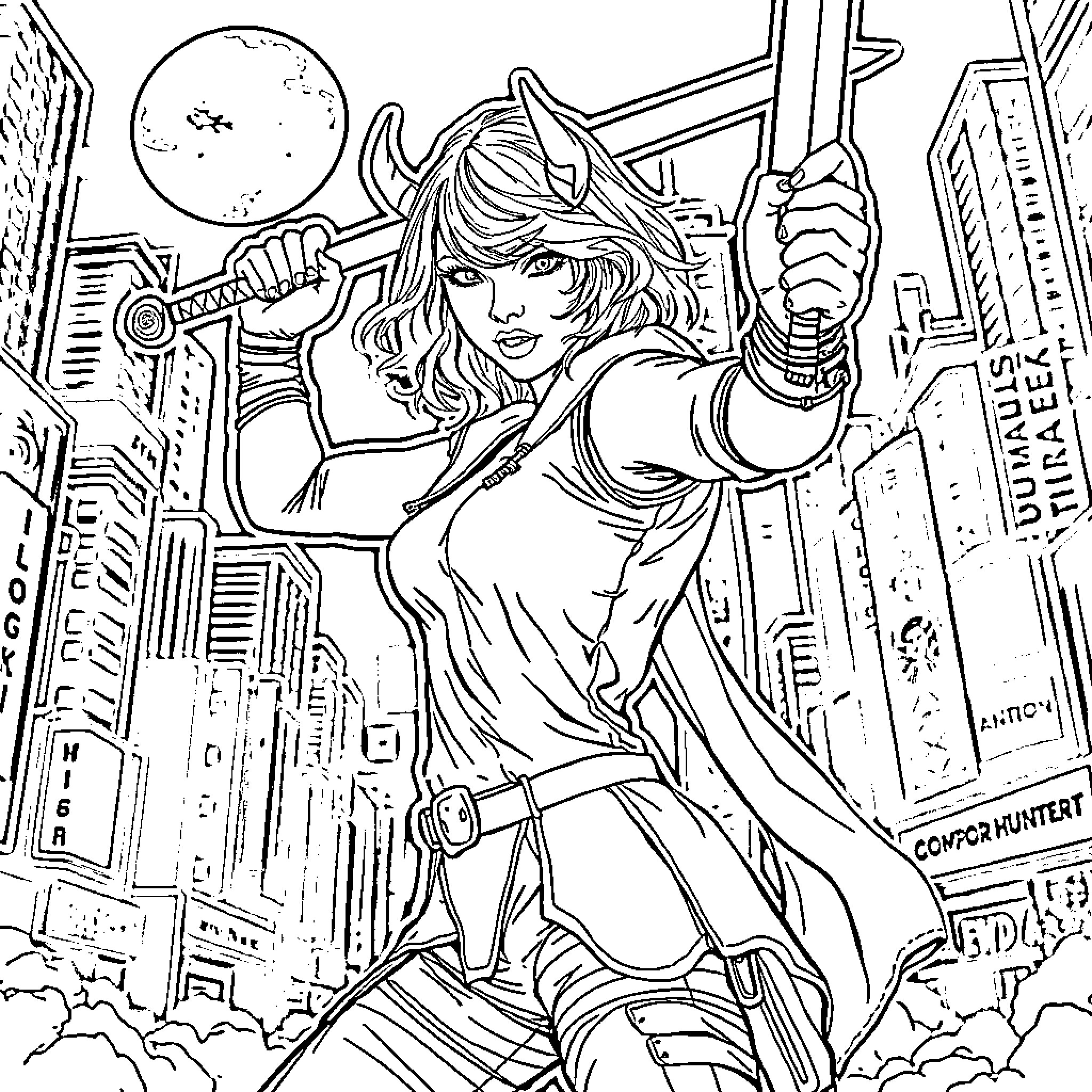 Taylor Swift Unleashes Her Artistic Prowess in the Cityscape Coloring Page (free black-and-white line drawing printable PDF for all, from beginners to advanced learners, including children, teens, adults, and seniors)