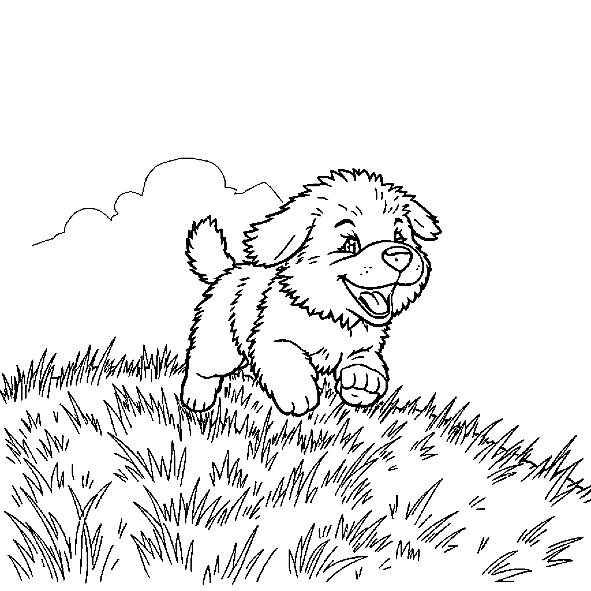 Puppy romping happily in the meadow Coloring Page (free black-and-white line drawing printable PDF for all, from beginners to advanced learners, including children, teens, adults, and seniors)