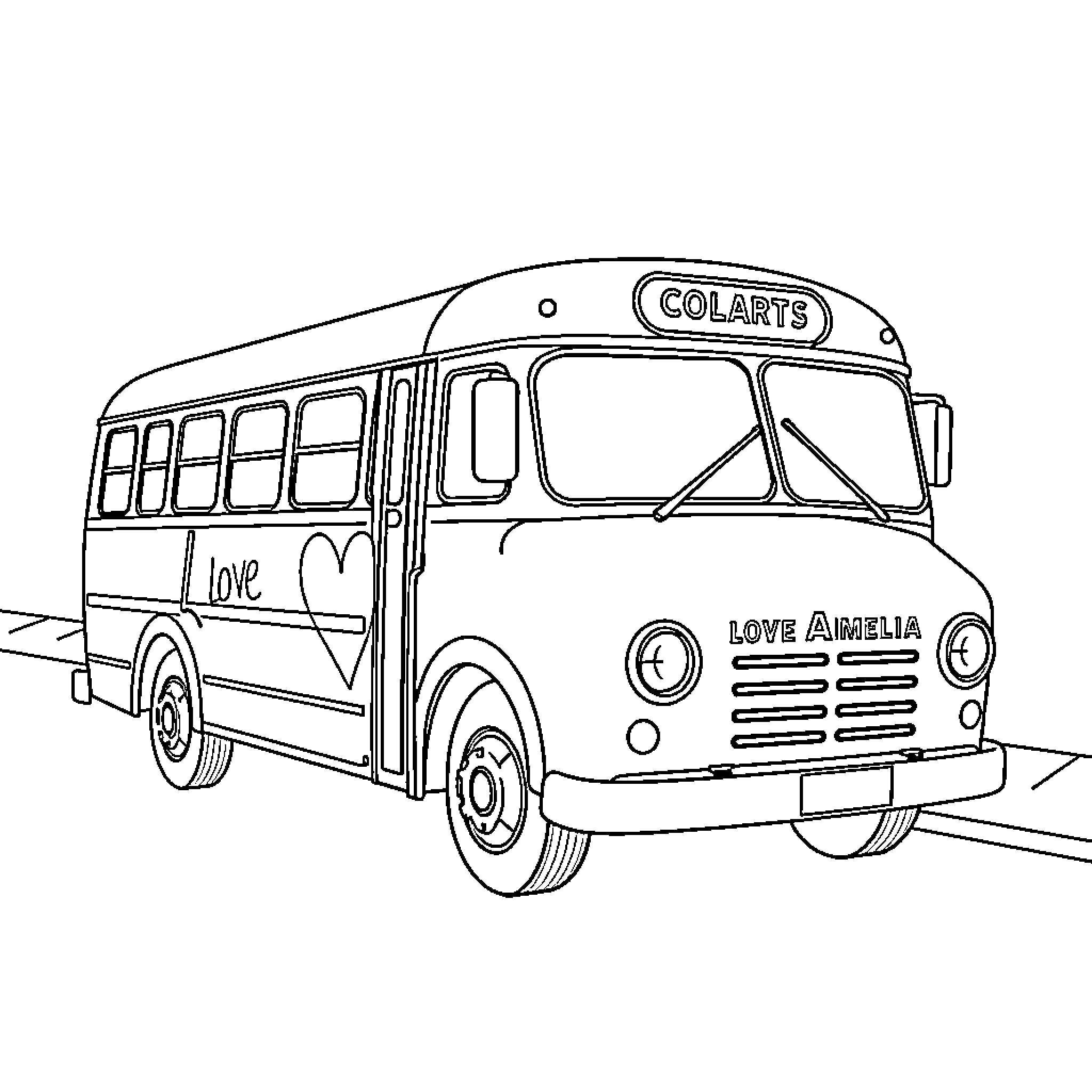 Bus with Love Messages and Student Names Coloring Page (free black-and-white line drawing printable PDF for all, from beginners to advanced learners, including children, teens, adults, and seniors)