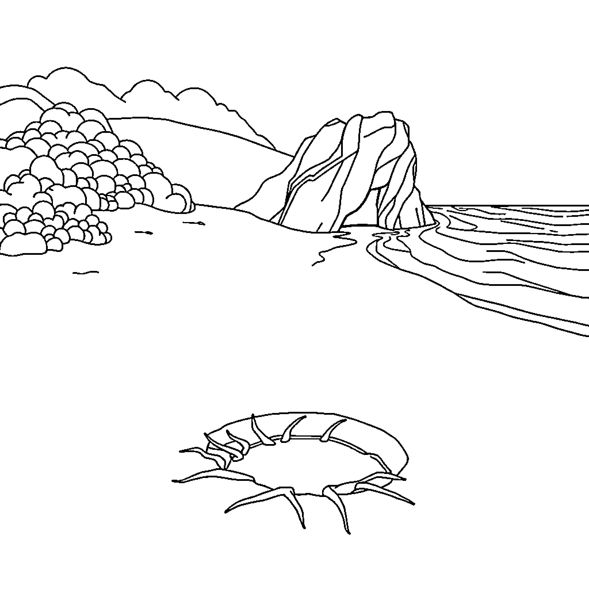 Landscape of rocky cliffs and seascape Coloring Page (free black-and-white line drawing printable PDF for all, from beginners to advanced learners, including children, teens, adults, and seniors)