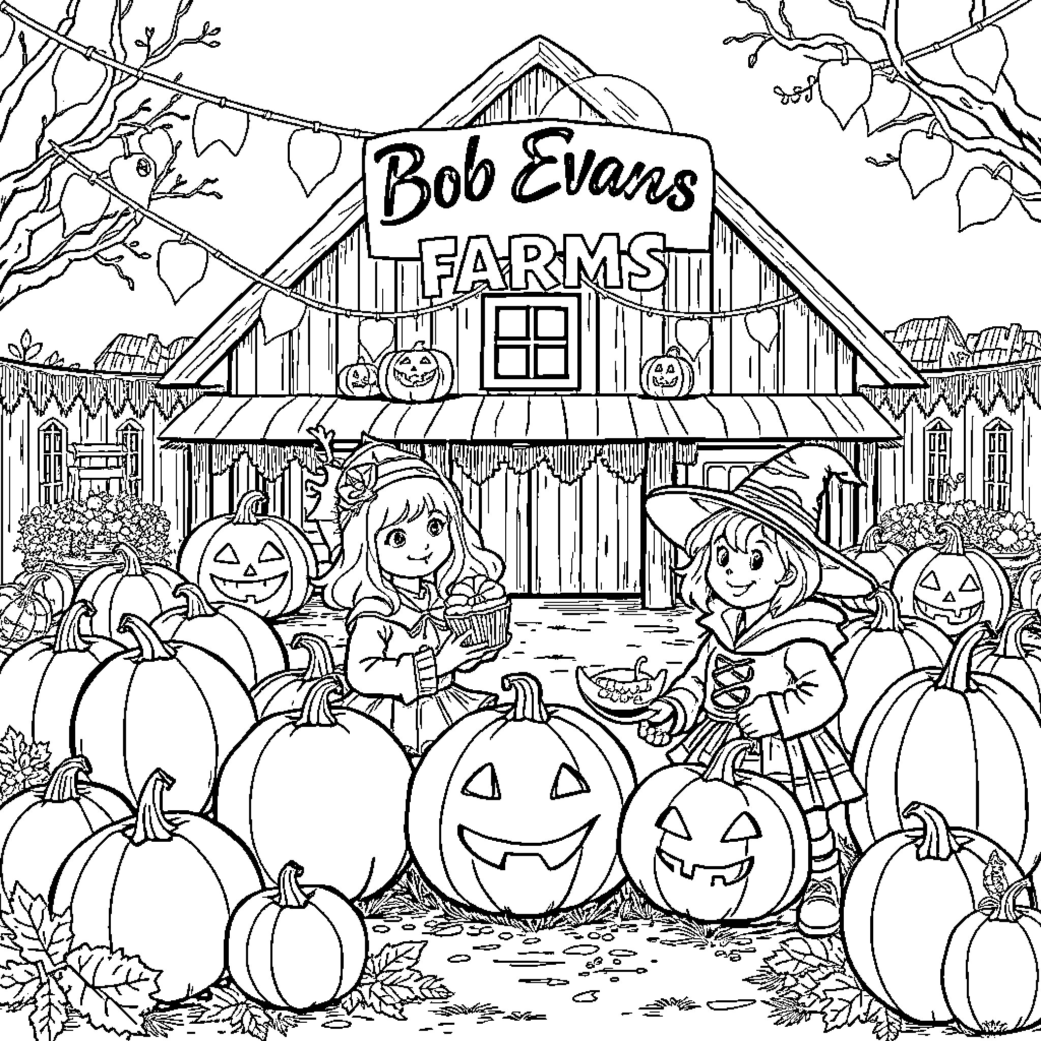 Halloween at the Pumpkin Patch on the Farm Coloring Page (free black-and-white line drawing printable PDF for all, from beginners to advanced learners, including children, teens, adults, and seniors)