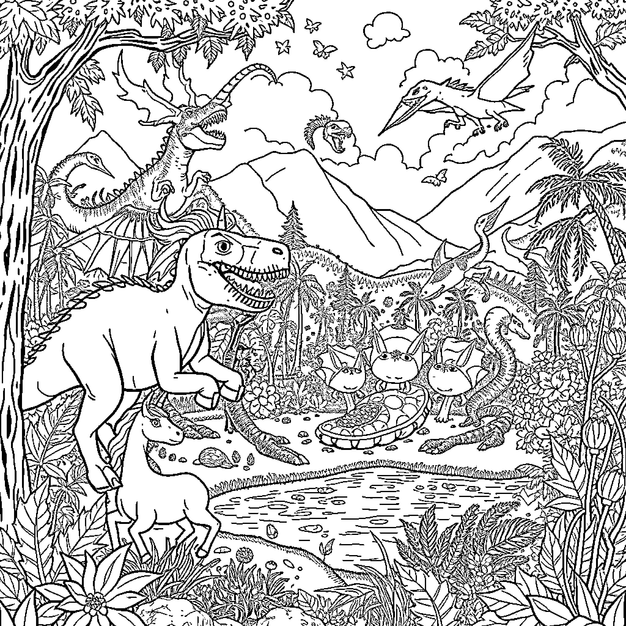 Dinosaur Creatures Roaming in Lush Jungle Landscape Coloring Page (free black-and-white line drawing printable PDF for all, from beginners to advanced learners, including children, teens, adults, and seniors)