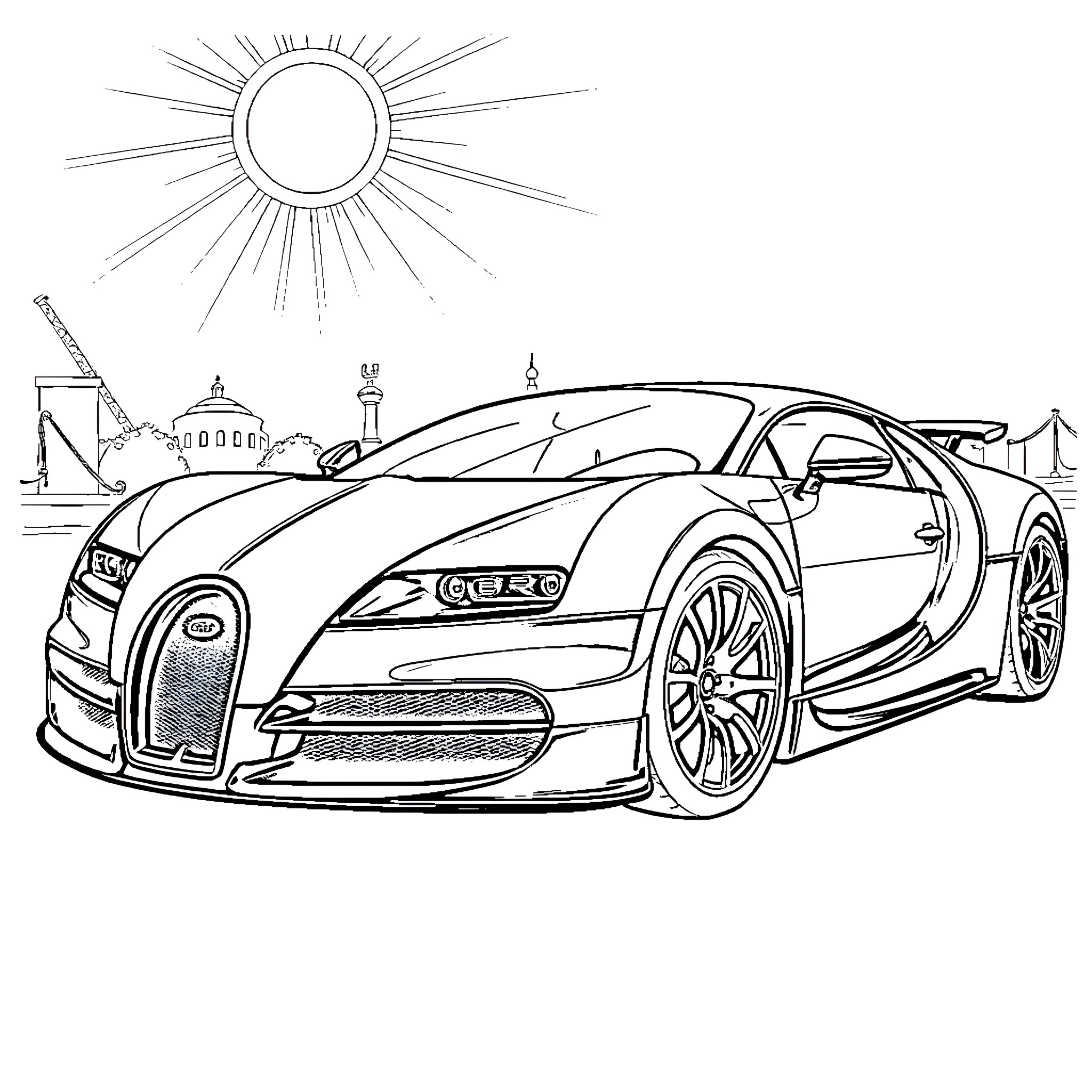 Bugatti supercar in front of architectural cityscape Coloring Page (free black-and-white line drawing printable PDF for all, from beginners to advanced learners, including children, teens, adults, and seniors)
