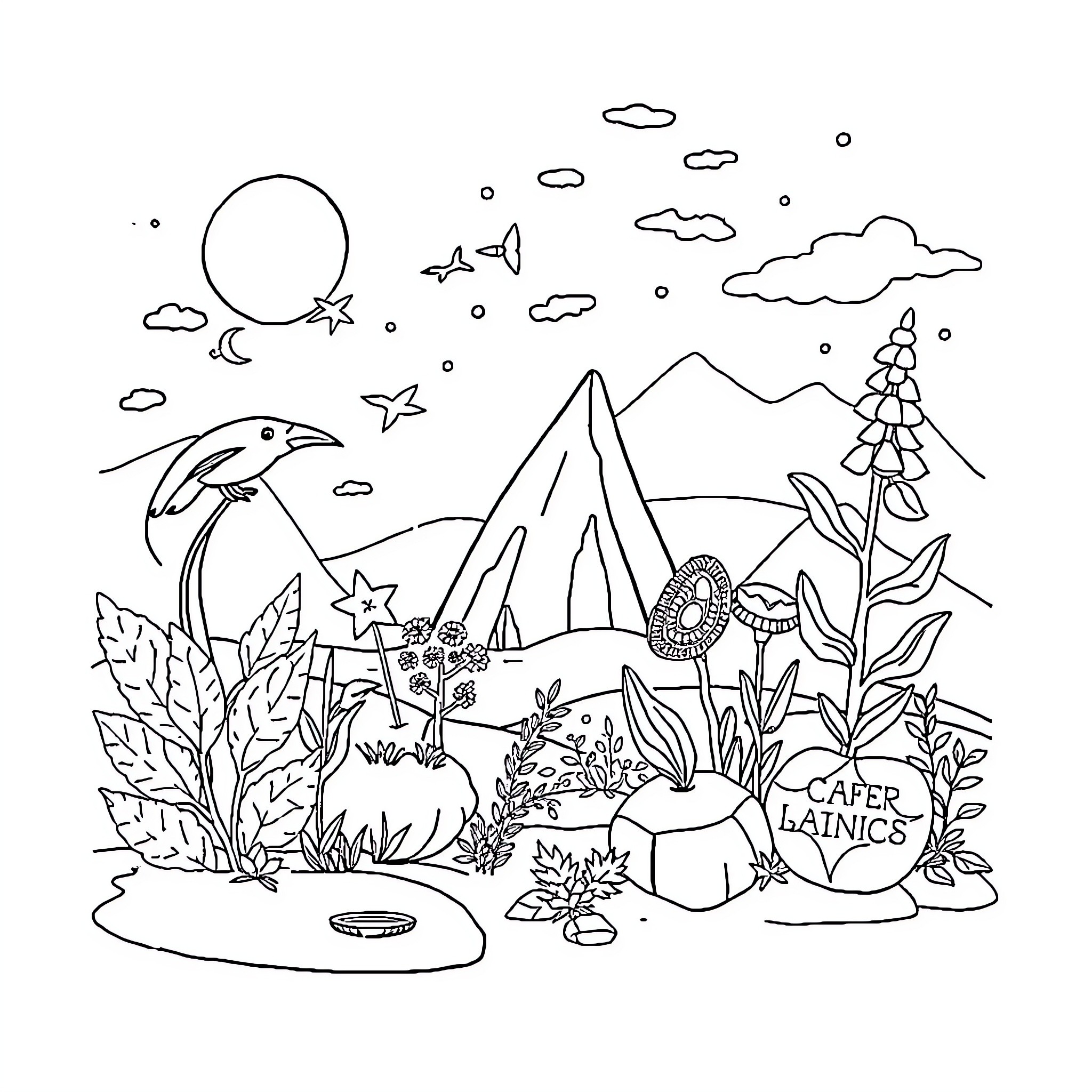 Notebook of Enchanted Nature Scenes Coloring Page (free black-and-white line drawing printable PDF for all, from beginners to advanced learners, including children, teens, adults, and seniors)