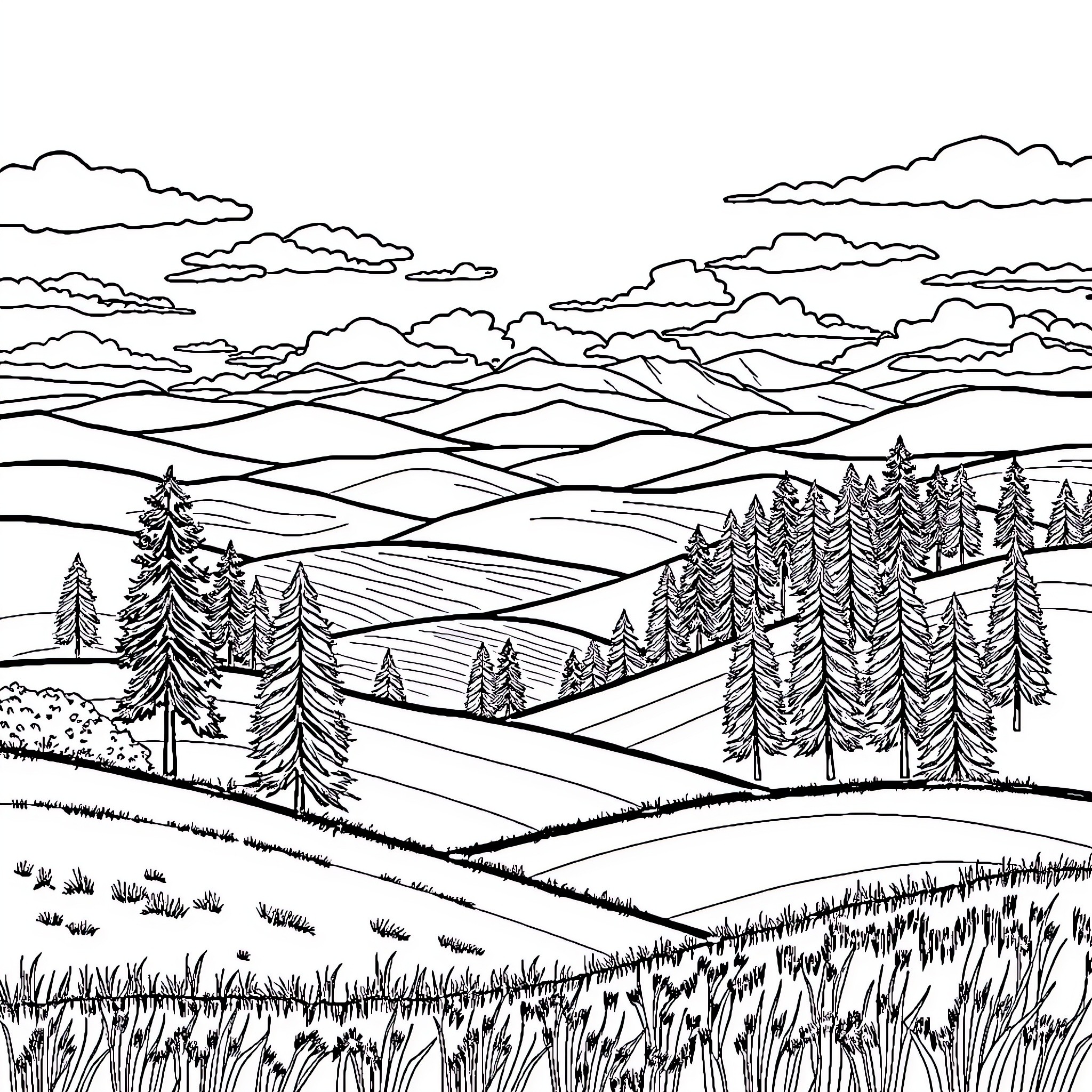 Landscape of Rolling Hills and Forests Coloring Page (free black-and-white line drawing printable PDF for all, from beginners to advanced learners, including children, teens, adults, and seniors)